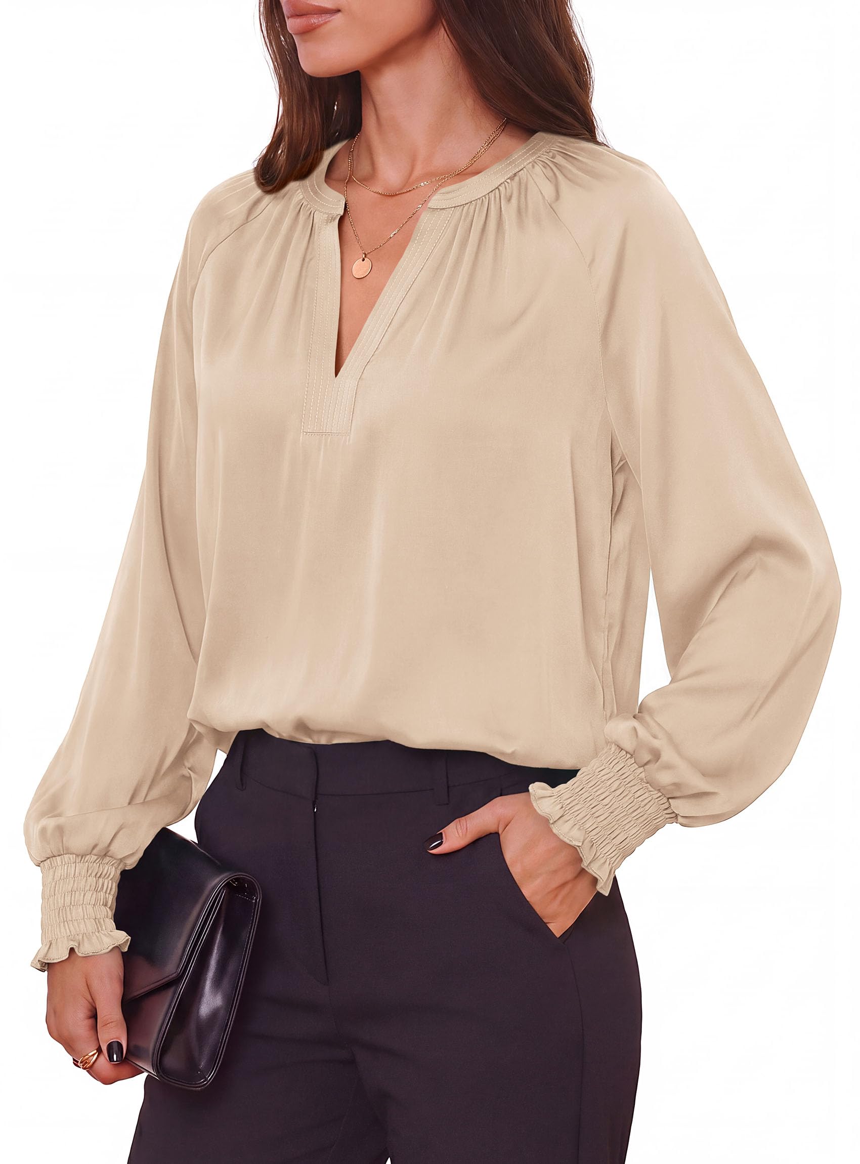 Women's Satin Blouses V Neck Long Sleeve Tops,Beige,S