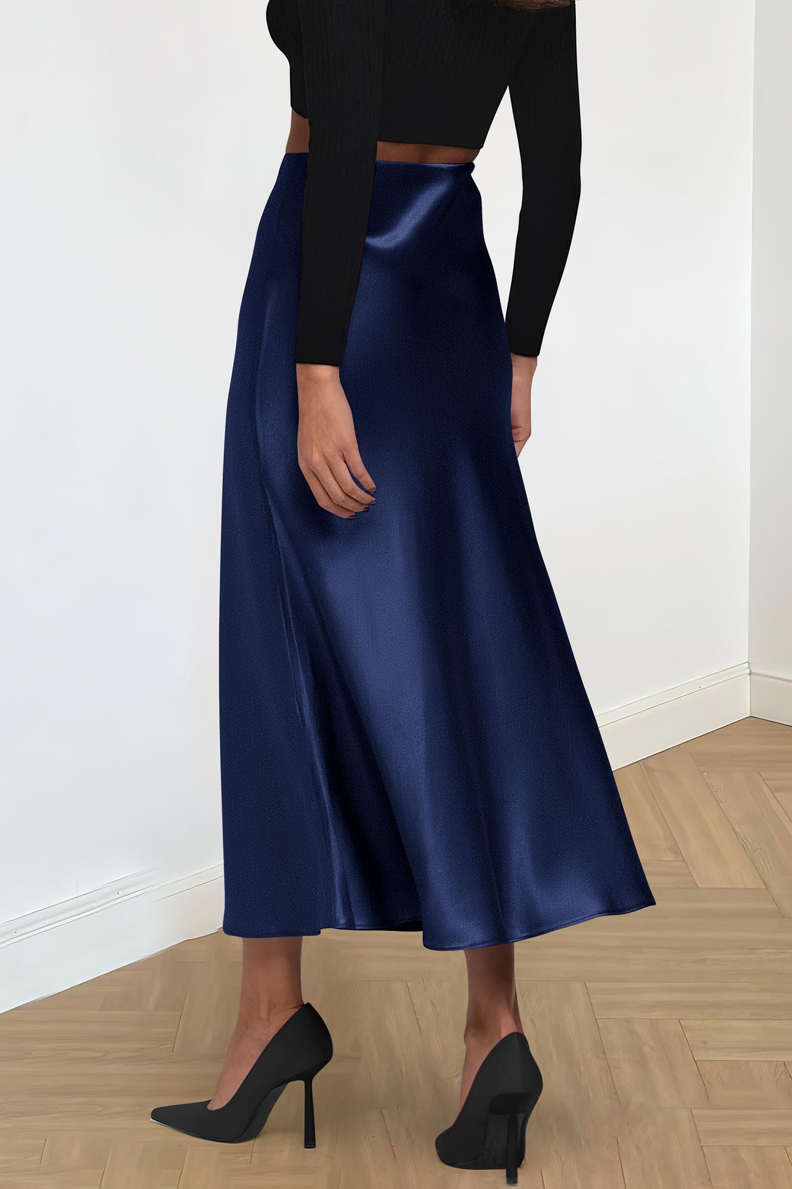 Women's Satin Midi Skirts Dressy Casual,Navy,S