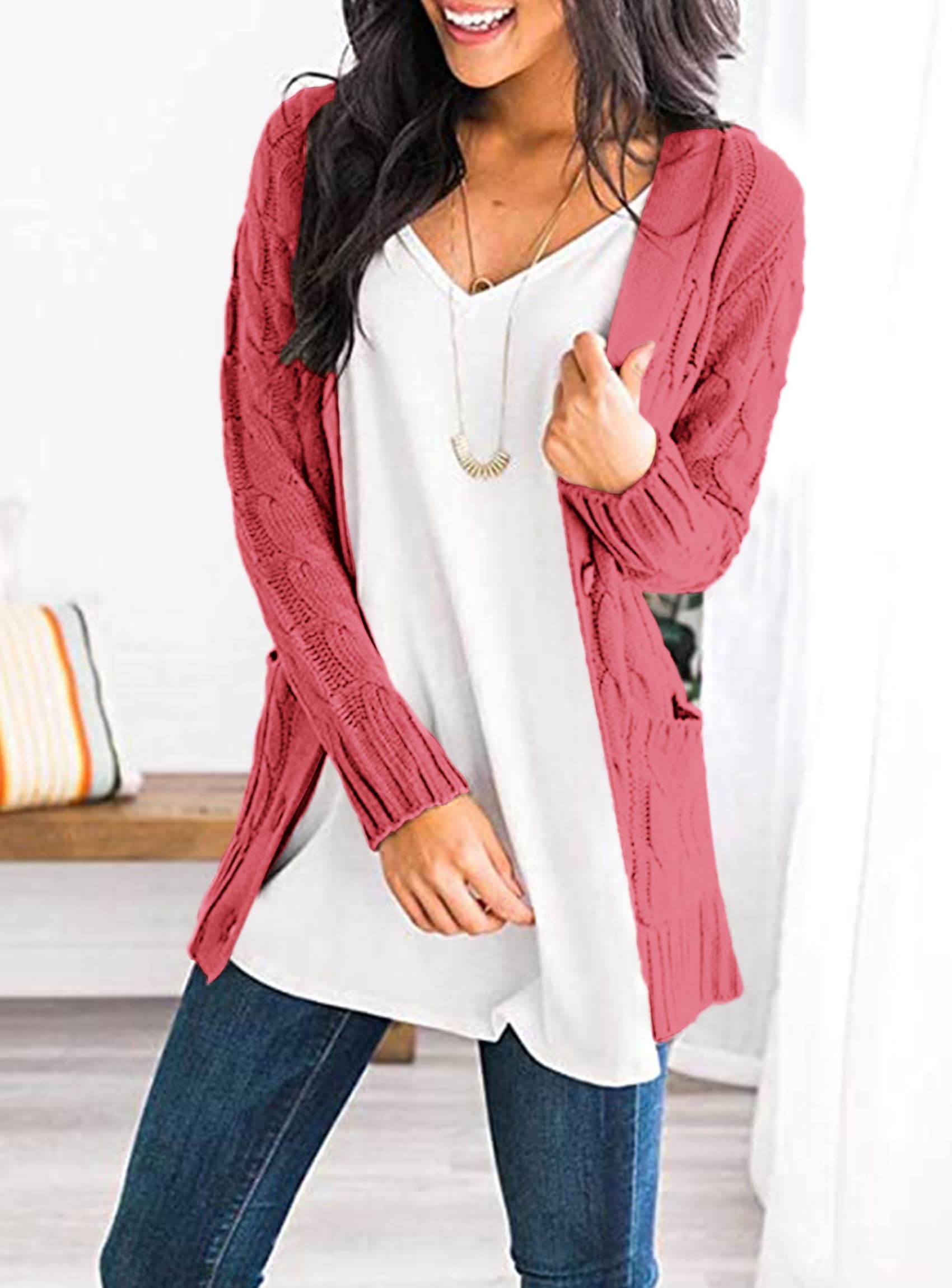Women Chunky Cable Knit Cardigan Sweaters Fall Fashion Clothes