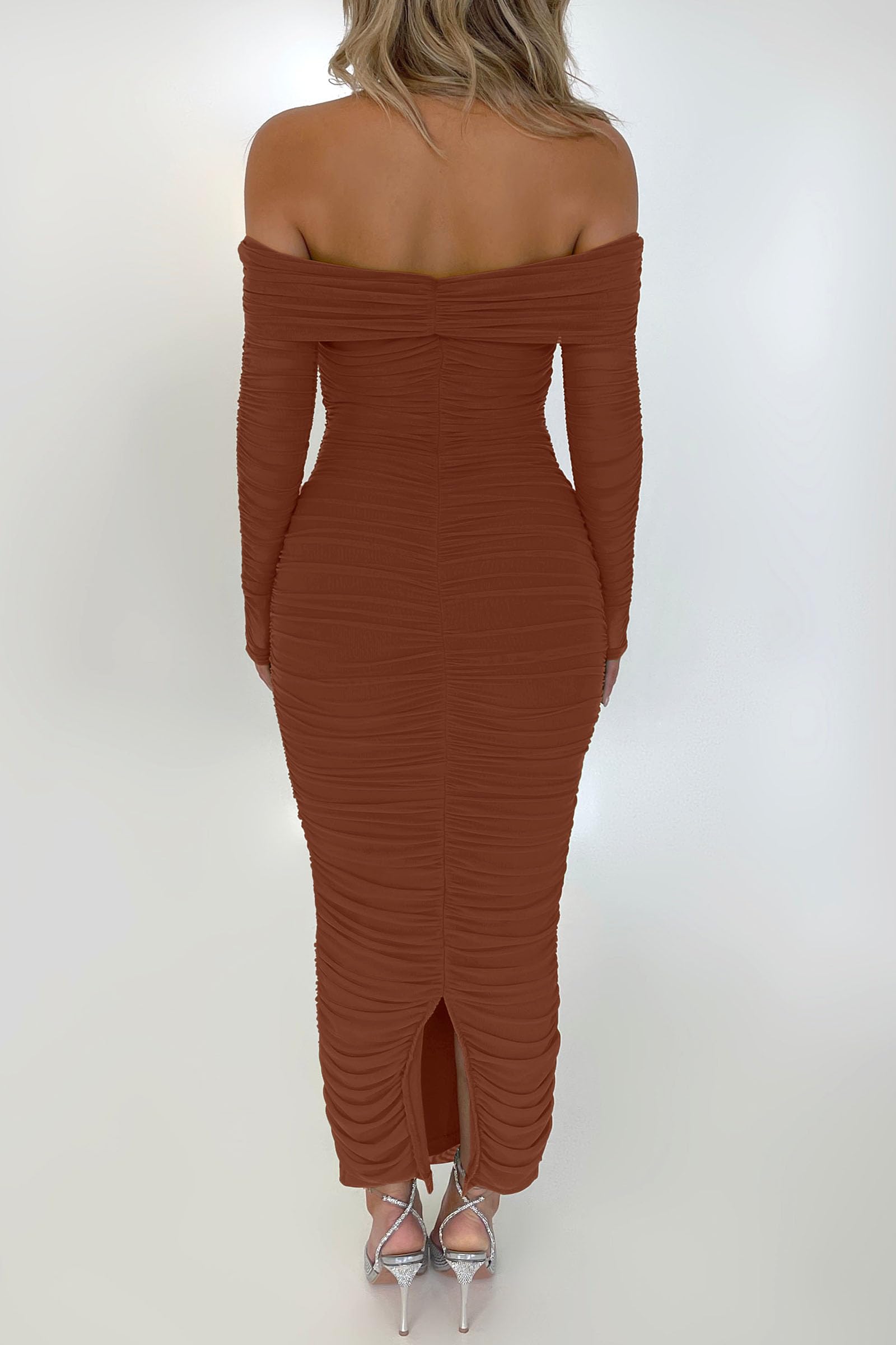 Women's Off the Shoulder Maxi Bodycon Dress, Caramel,S