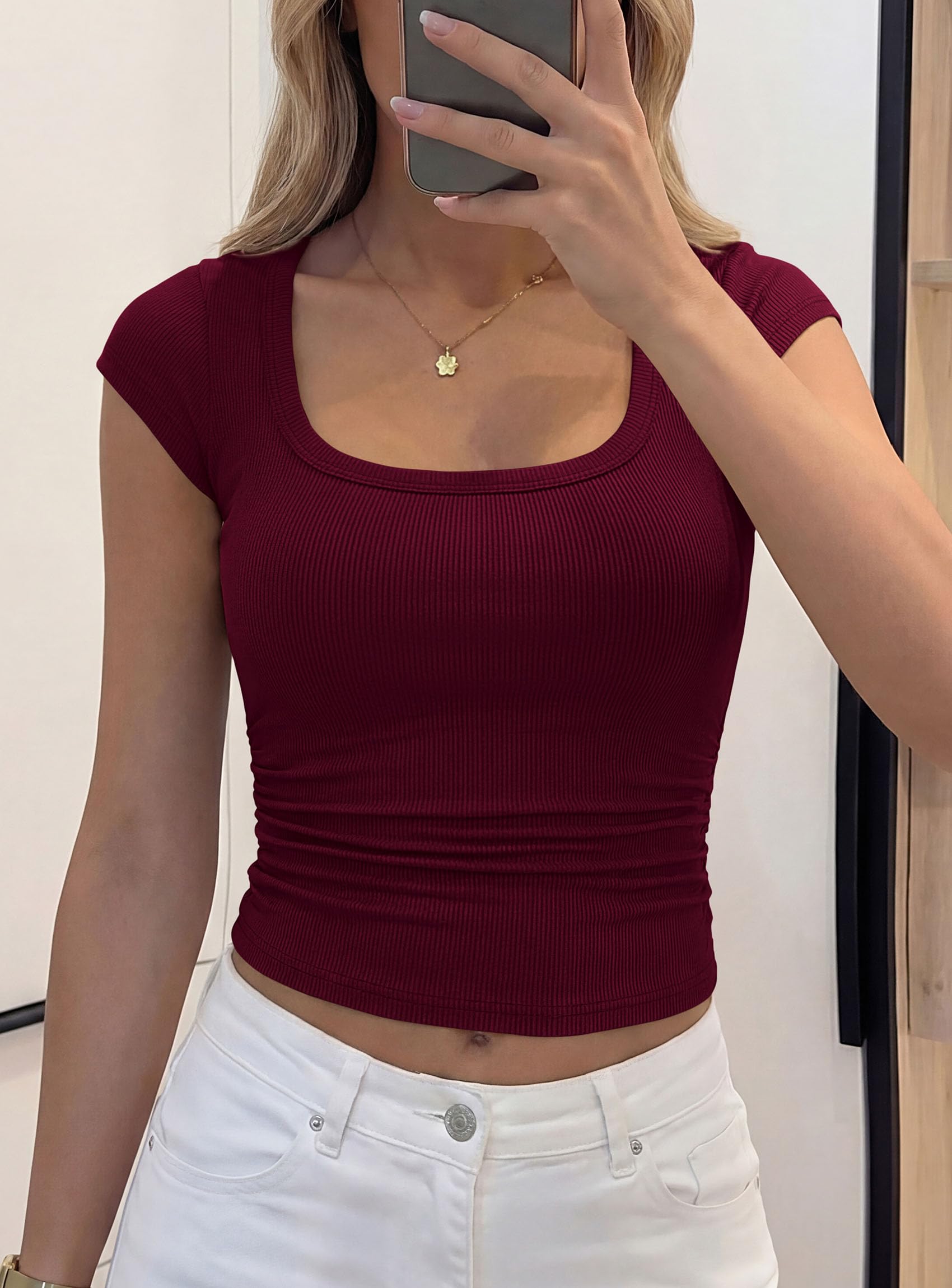 Short Sleeve Tops for Women Slim Fit T Shirts,Wine Red,XS