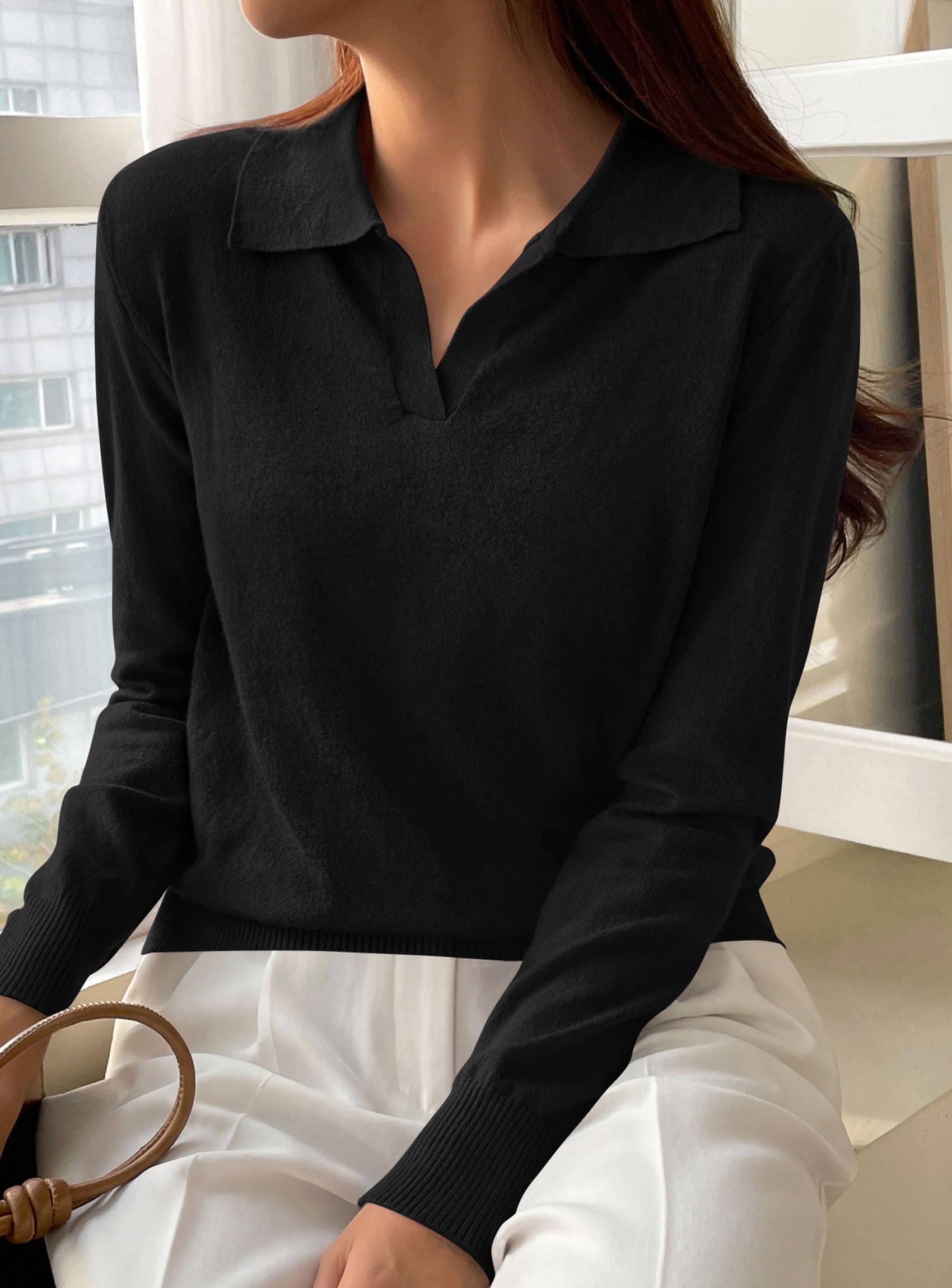 Womens Long Sleeve Collared Polo Sweater,Black,S