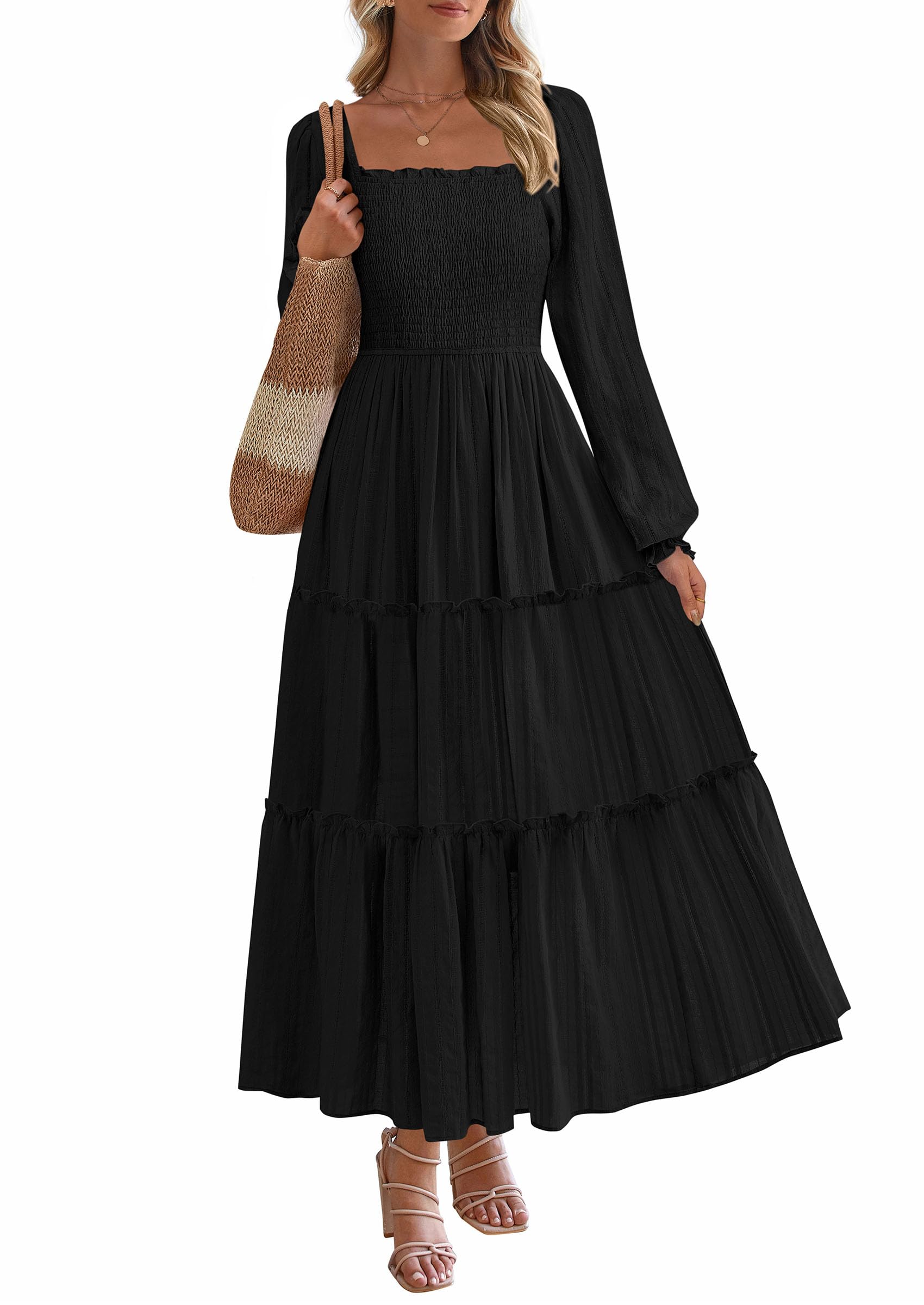 Women's Long Sleeve Ruffle Flowy Maxi Dress,Black,S