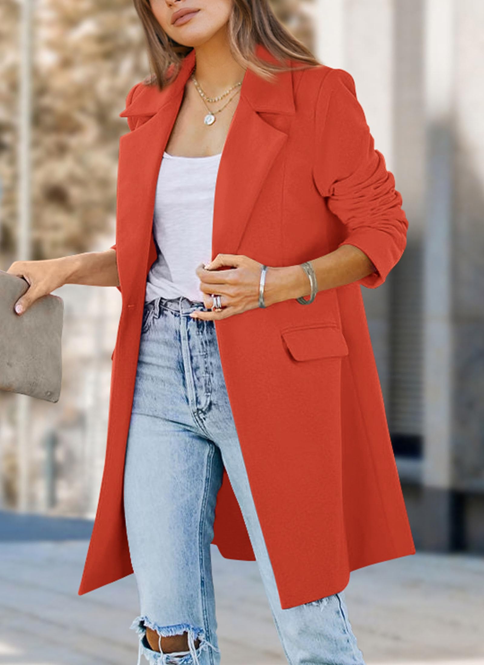 Women's Business Casual Long Blazer Jackets(Orange Red,S)