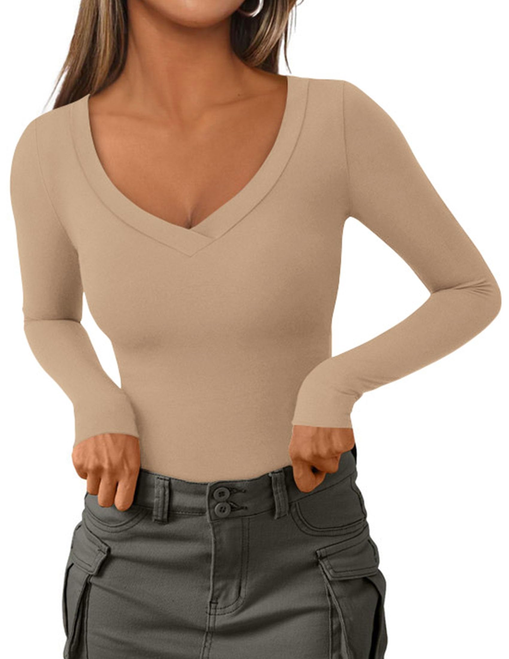 Women's V Neck Long Sleeve Shirts,Khaki,X-S