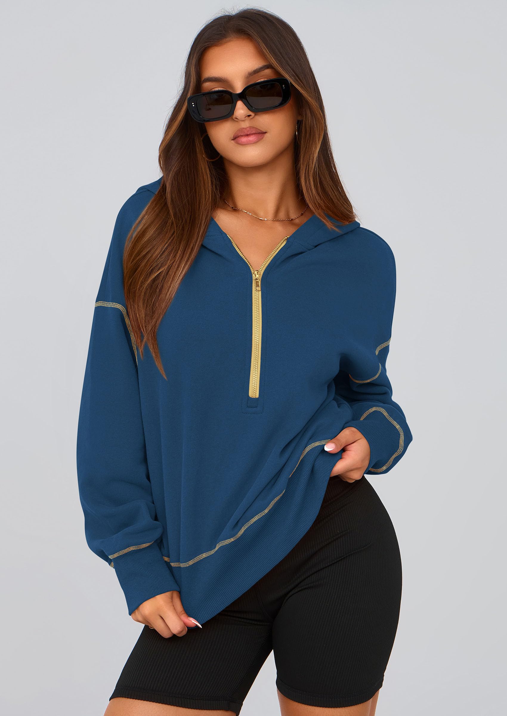 Women's Fall Half Zip Cropped Hoodie Sweatshirt Dark Blue