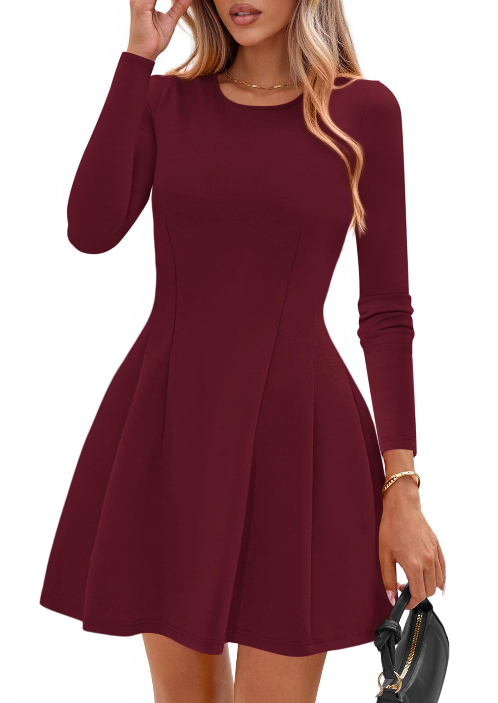 Womens Long Sleeve Pleated Mini Dress,Wine Red,XS