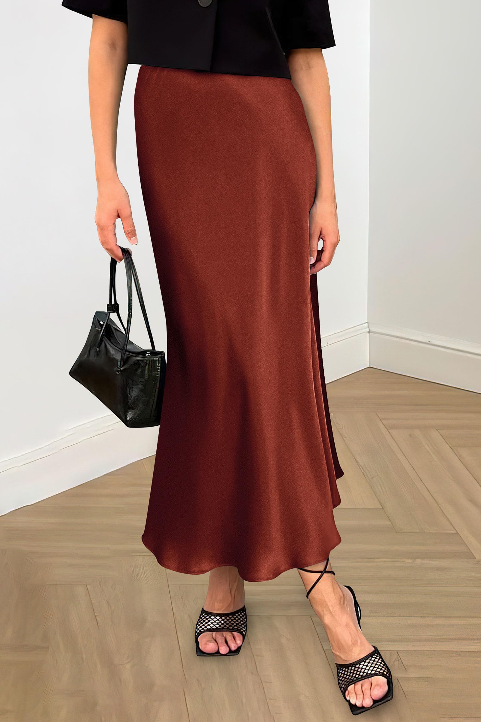 Women's Satin Skirts Dressy Casual 2025 Fall High Waisted Cocktail Wedding Flowy Elegant A Line Midi Skirt (Brown,Small)
