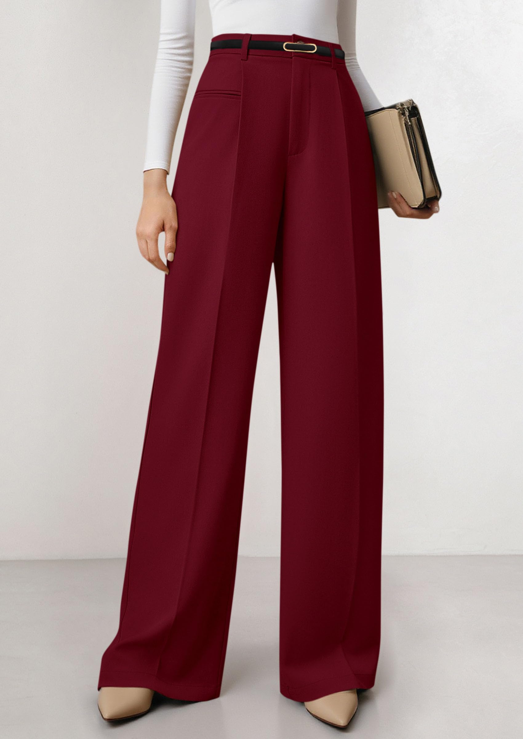 Women's Tailored Wide Leg Work Dress Pants,Burgundy,XS