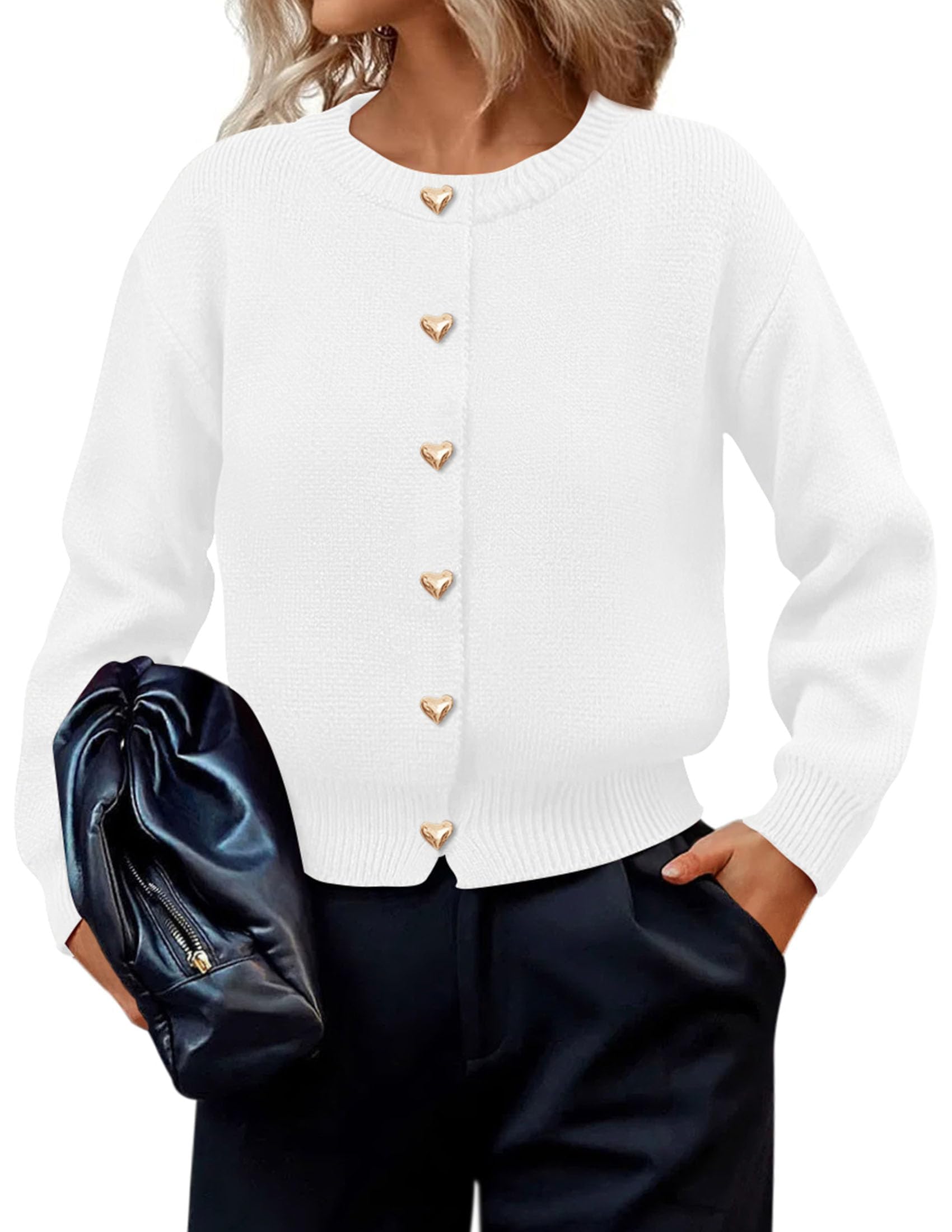 Women's Long Sleeve Button Up Cardigan,White,M