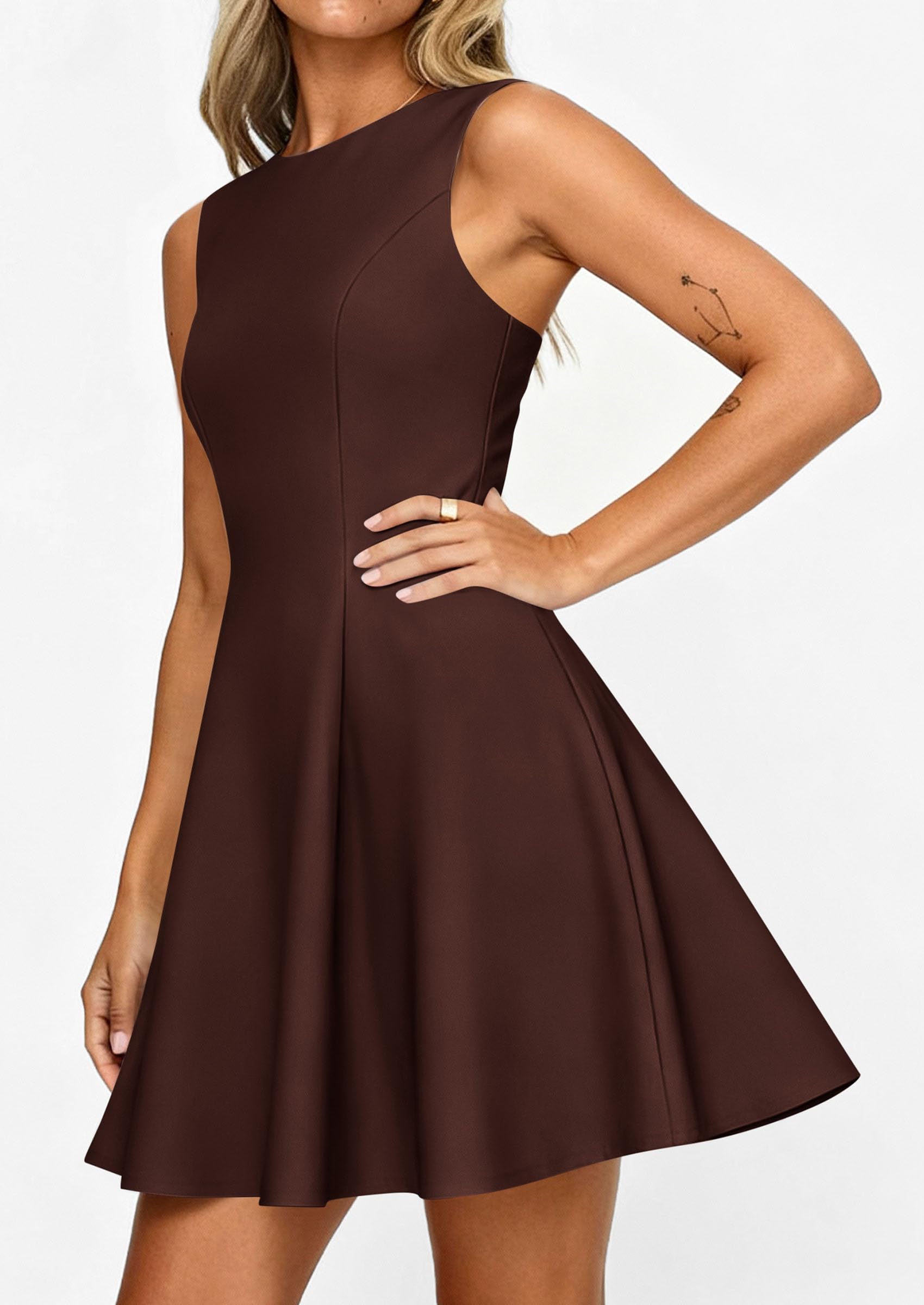 Women's Formal Boat Neck A Line Mini Dress,Brown,XS