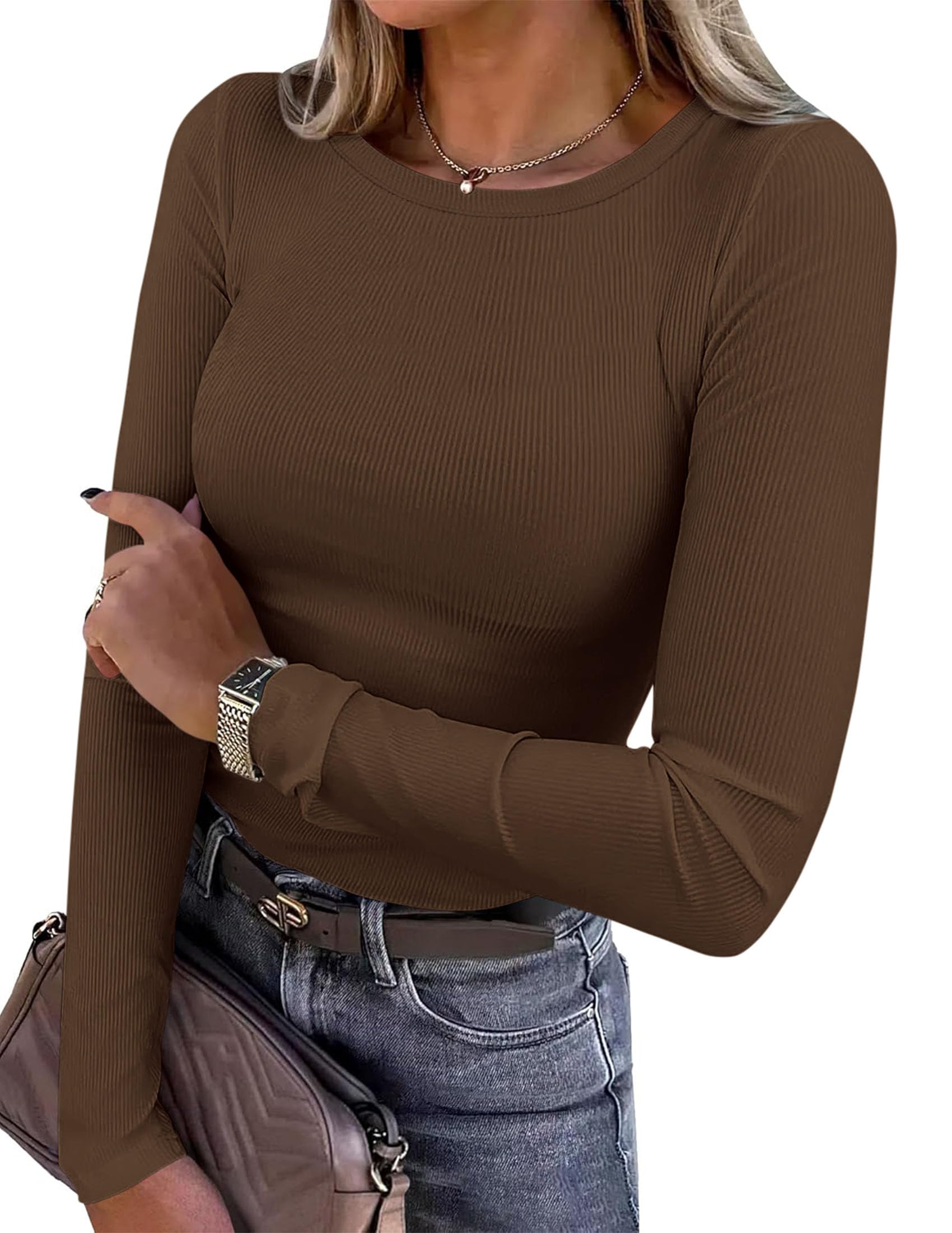 Women's Fall Long Sleeve Shirts Basic Tees (Brown,XS)