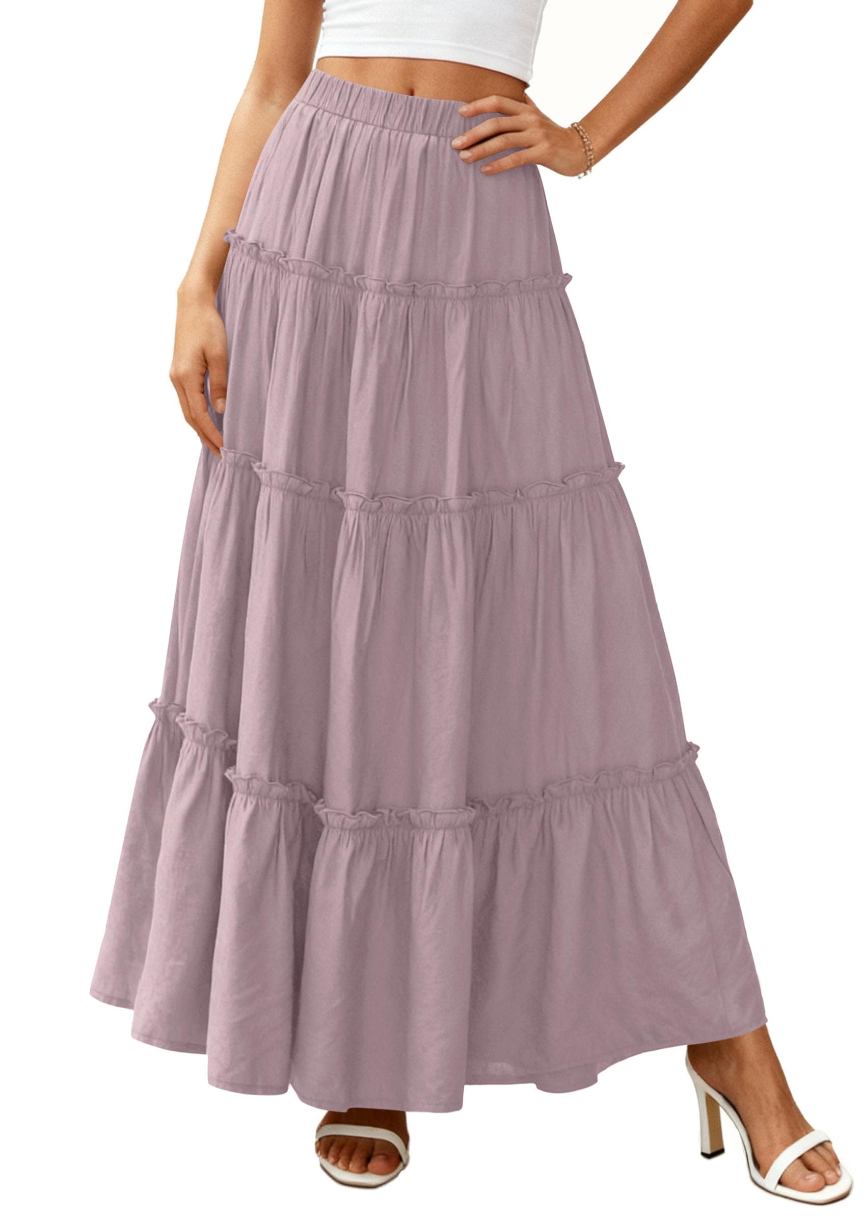 Women's Boho Tiered Ruffle Flowy Maxi Skirt, Purple,S