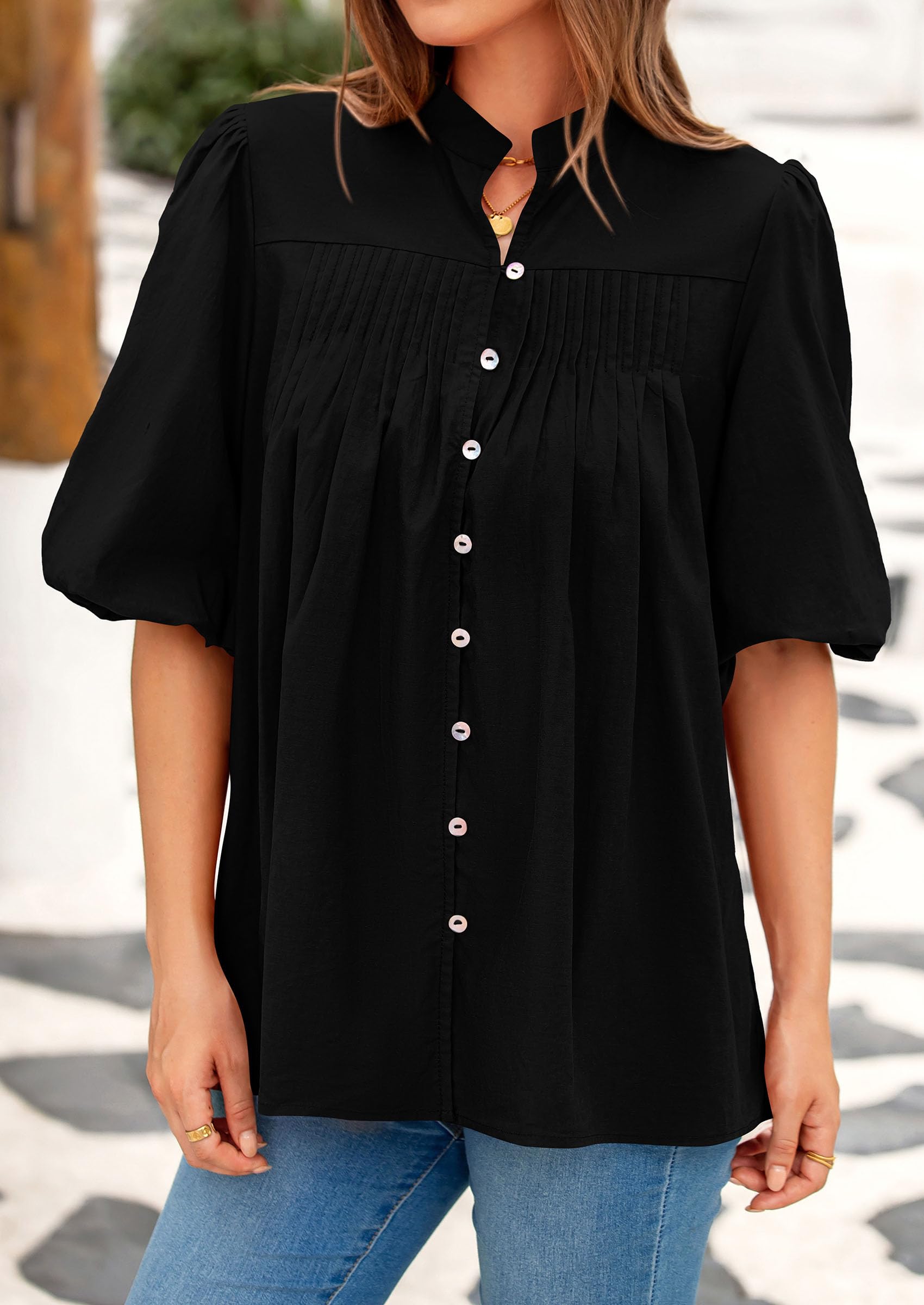 Short Sleeve Henley Shirts for Women,Black,S