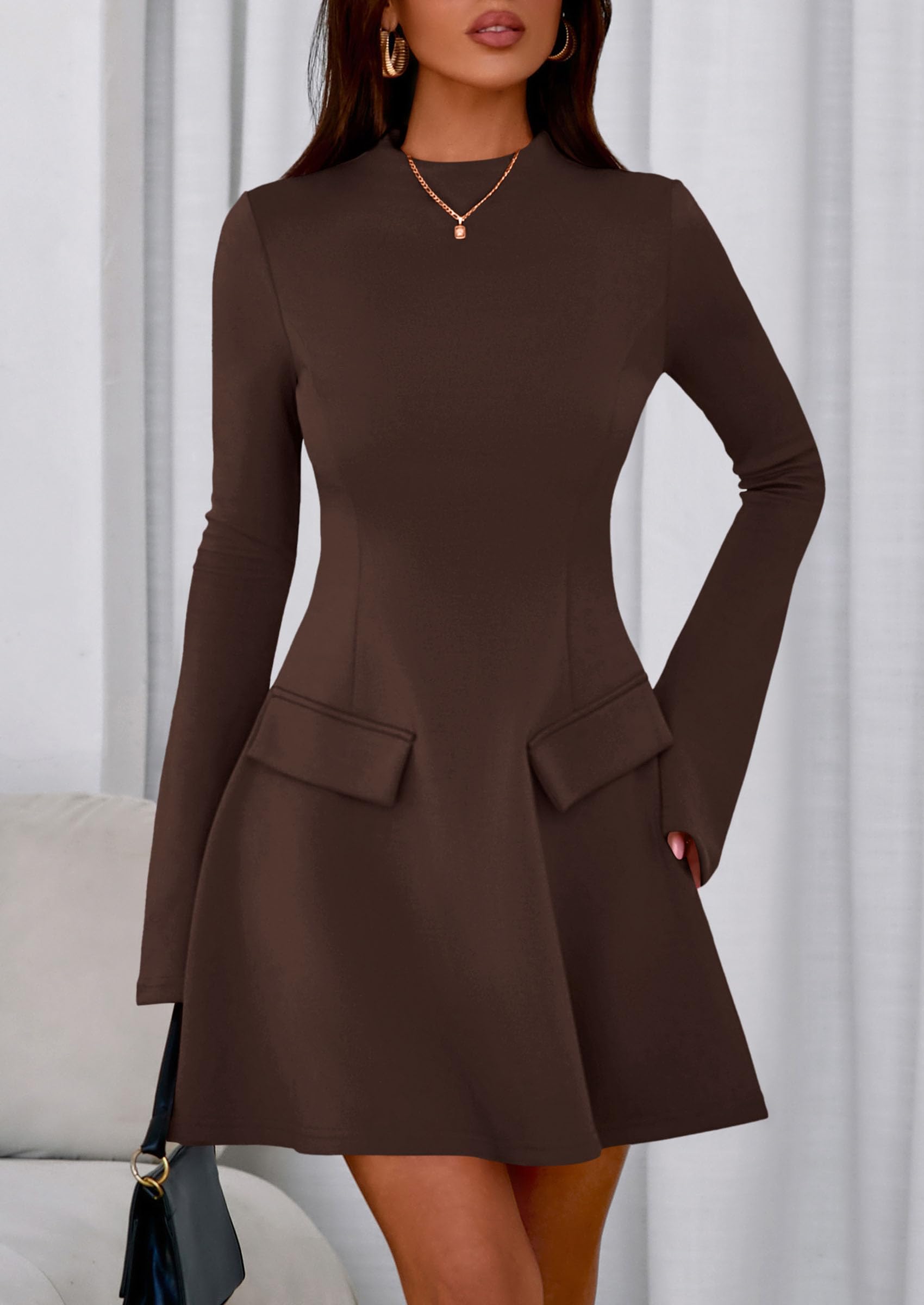 Women's Fall Bell Sleeve Short Dress,Brown,XS