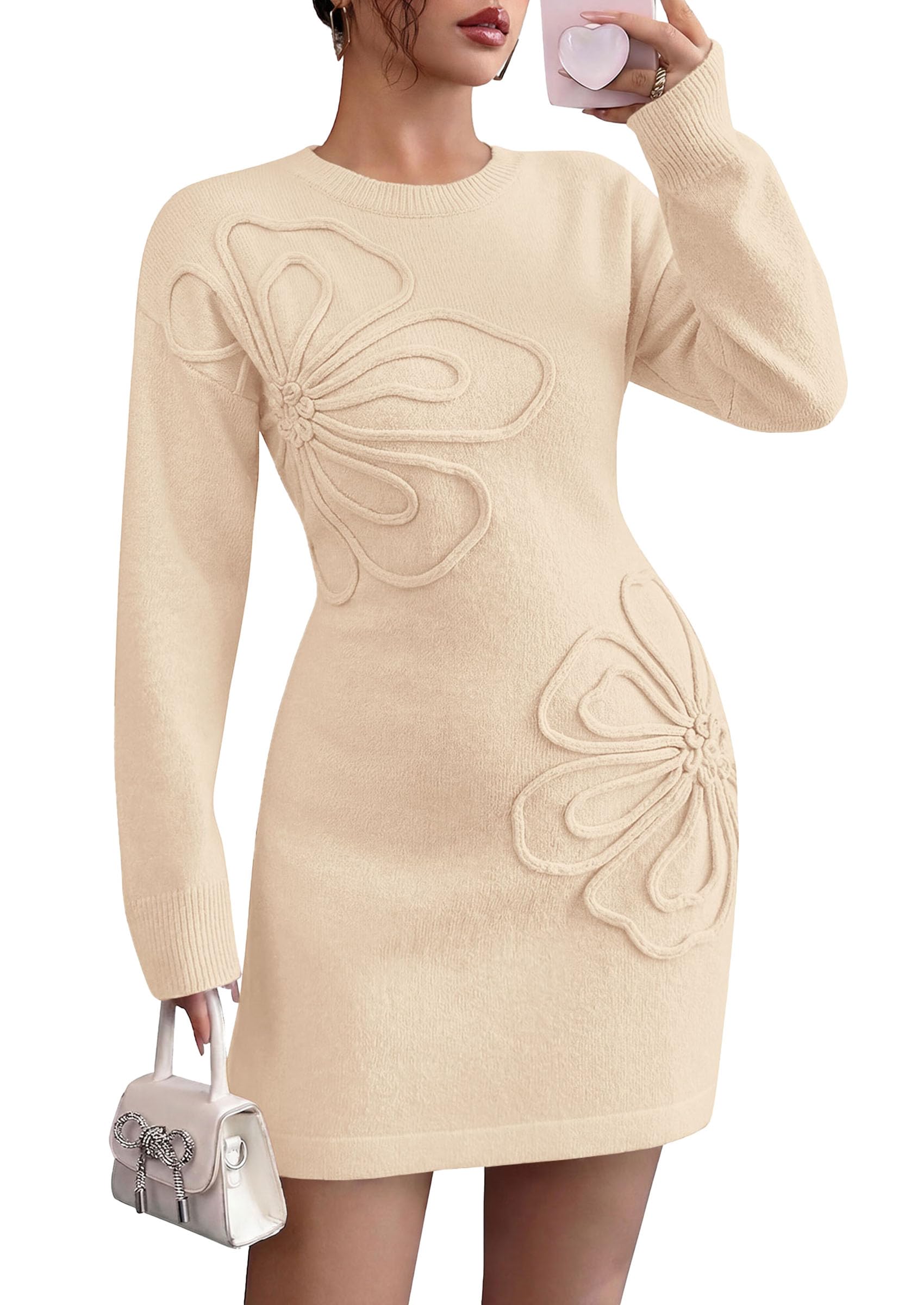 Women's Embroidered Long Sleeve Bodycon Mini Sweater Dress