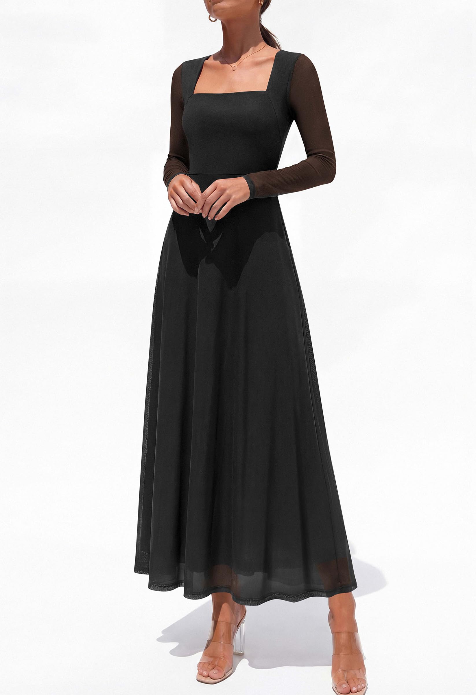 Women's Flowy Maxi Mesh Fall Cocktail Wedding Guest Dresses