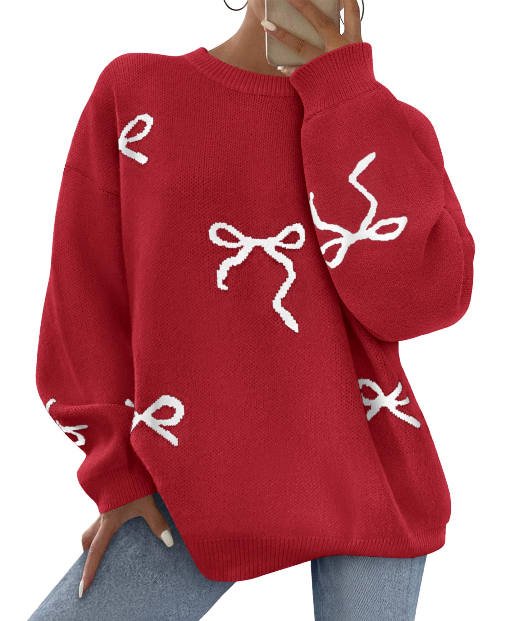 Fall Long Sleeve Pullover Sweaters for Women 2026 Trendy Crewneck Casual Cute Bow Chunky Knit Oversized Sweater (Red,Small)