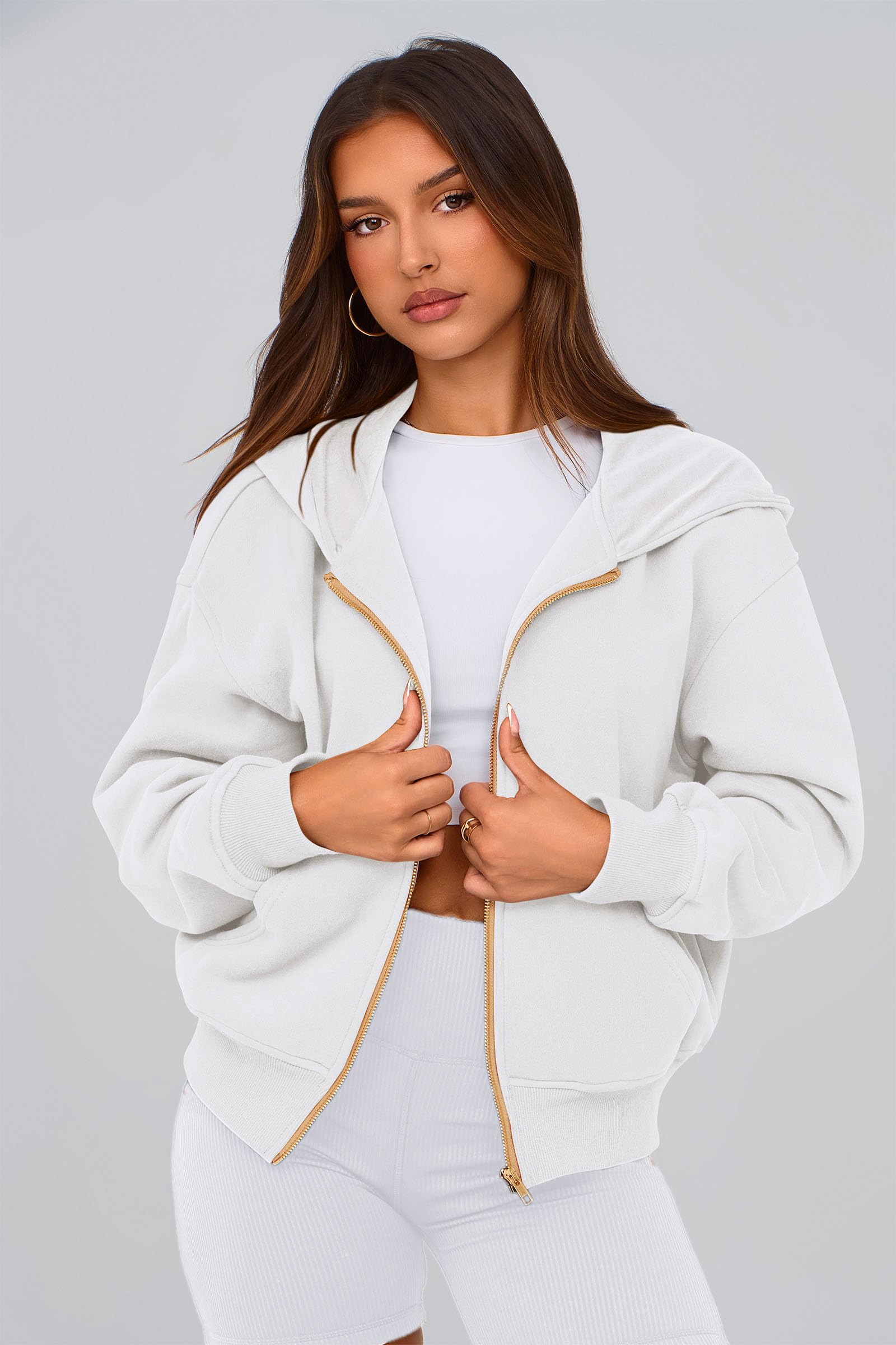 Hoodies for Women Fall Fashion Zip Up Fleece Plain Sweatshirt