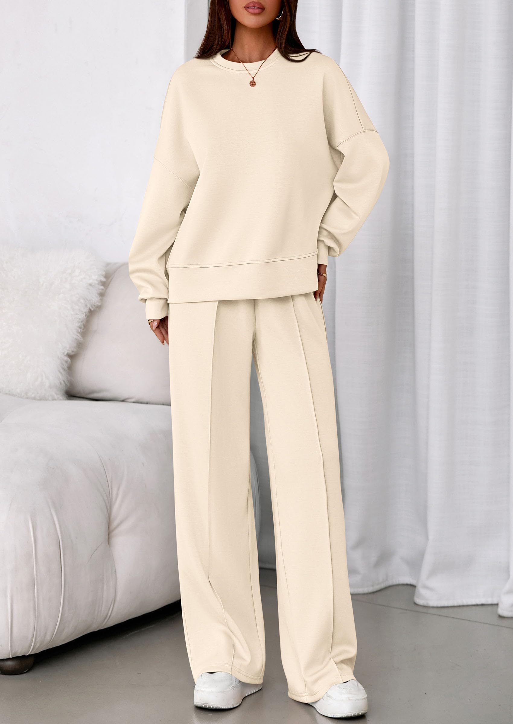 Womens Long Sleeve Sweatshirt 2 Piece Sets,Beige,S