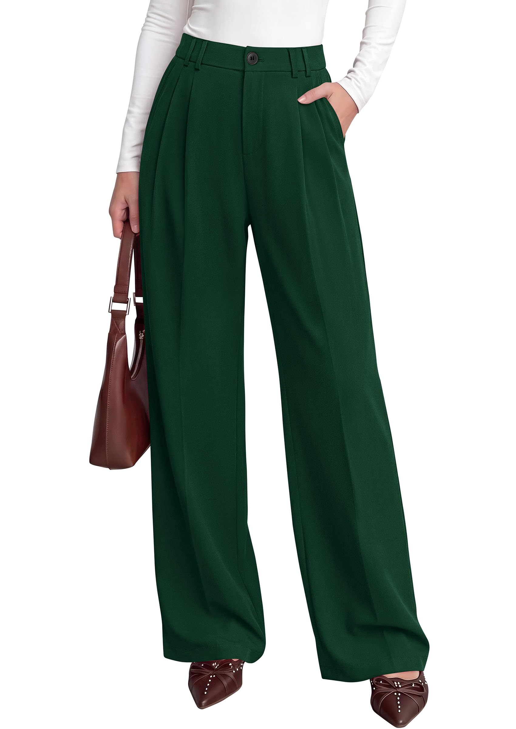 Women's Dress Pants Wide Leg Flowy Trousers,Dark Green,S