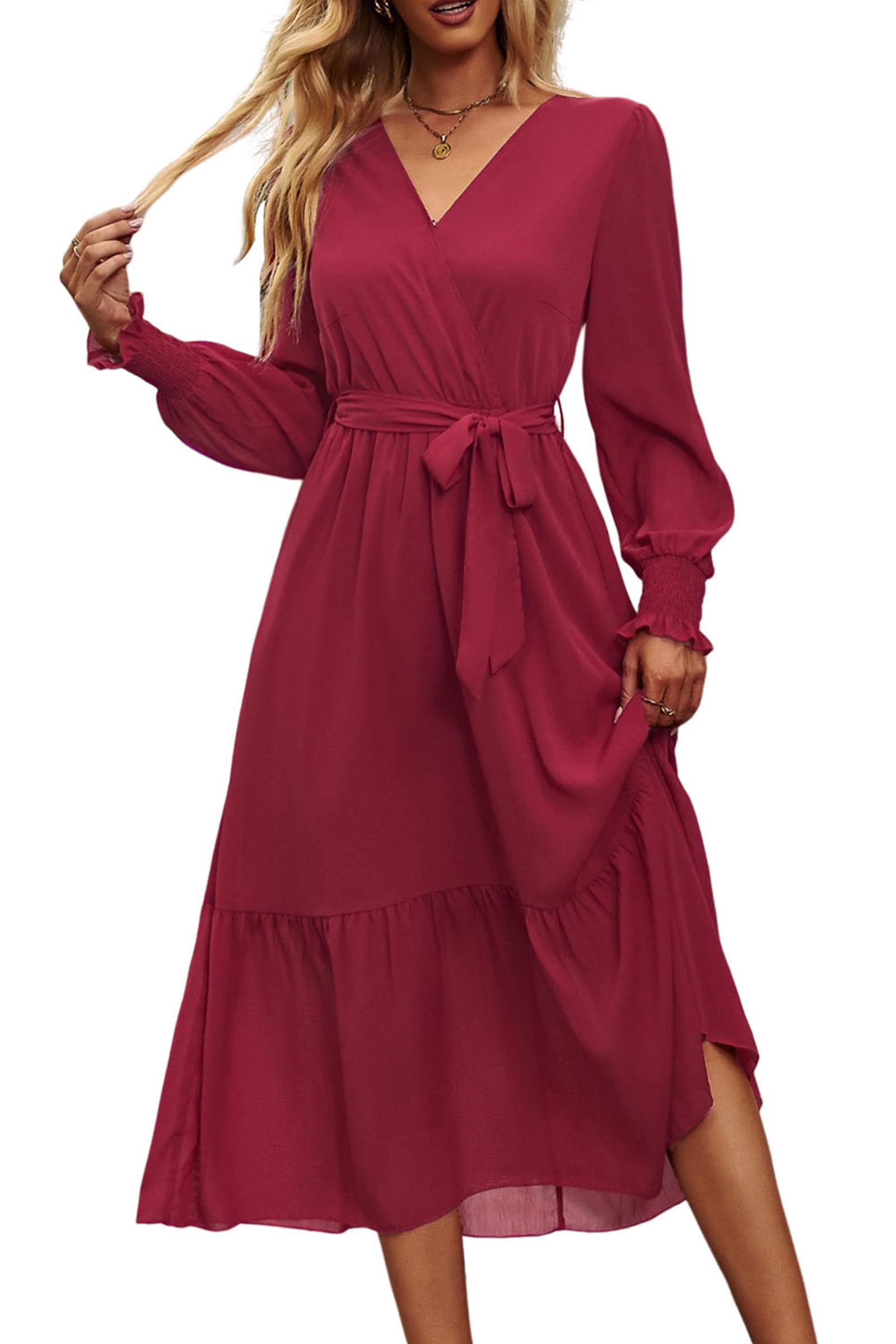 Women's Boho Long Sleeve Maxi Dress, Solid Wine Red,S