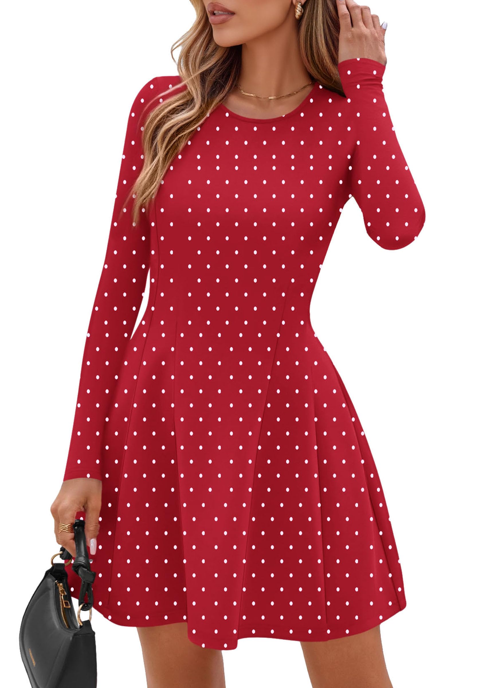 Womens Long Sleeve Pleated Mini Dress,Dot Red White,XS