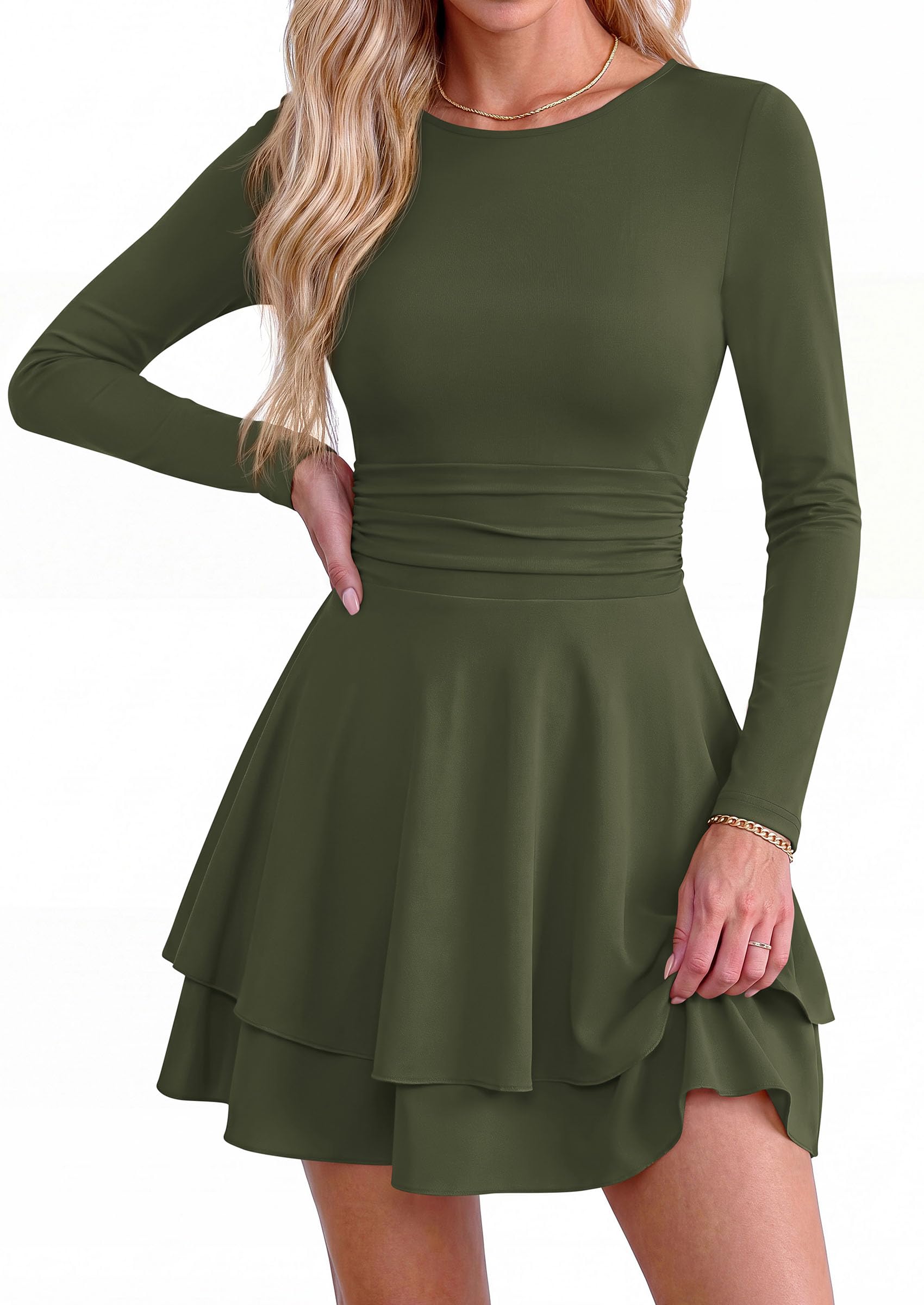 Womens Fit and Flare Crewneck Long Sleeve Mini Dress