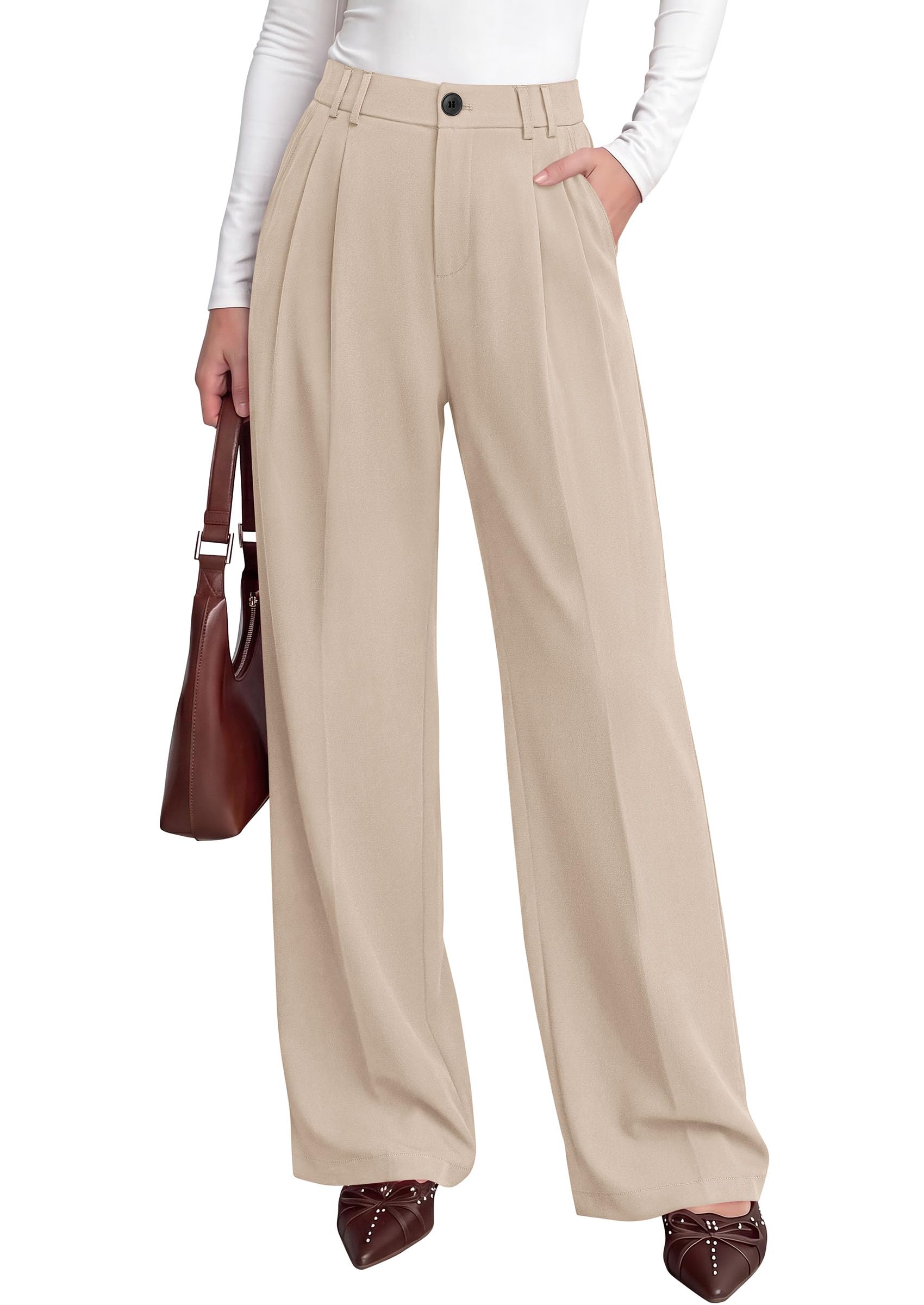 Women's Dress Pants Wide Leg Flowy Trousers,Beige,S