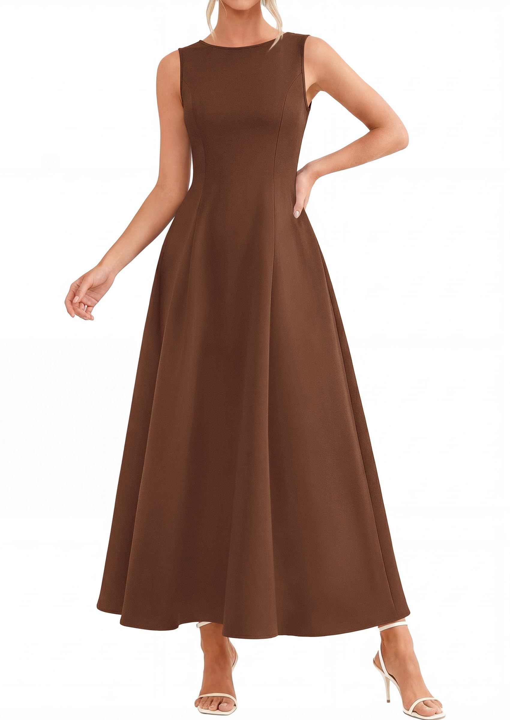 Women's Sleeveless Summer Elegant Maxi Dresses, Brown,S
