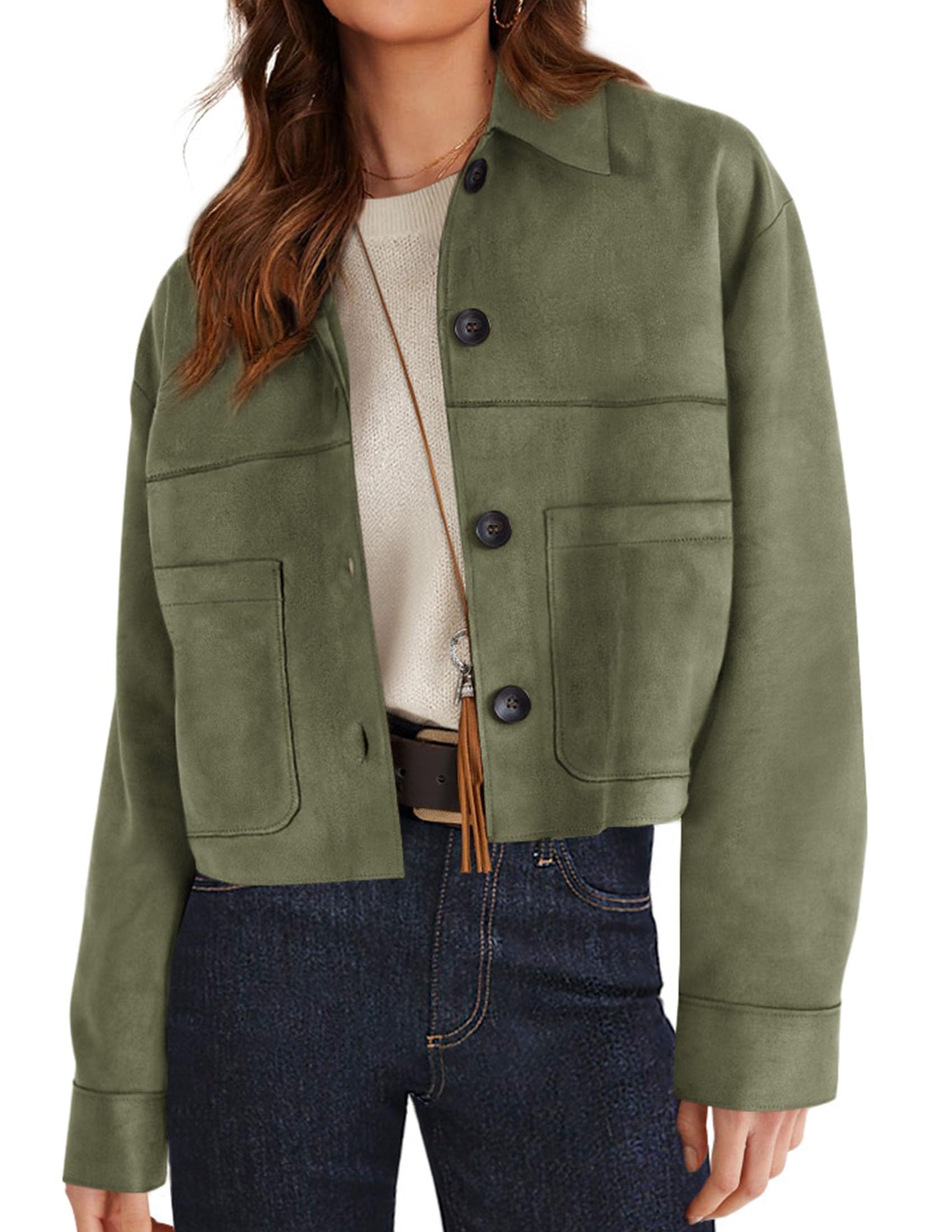 Women's Faux Suede Shacket Jackets Lightweight Cropped Coats