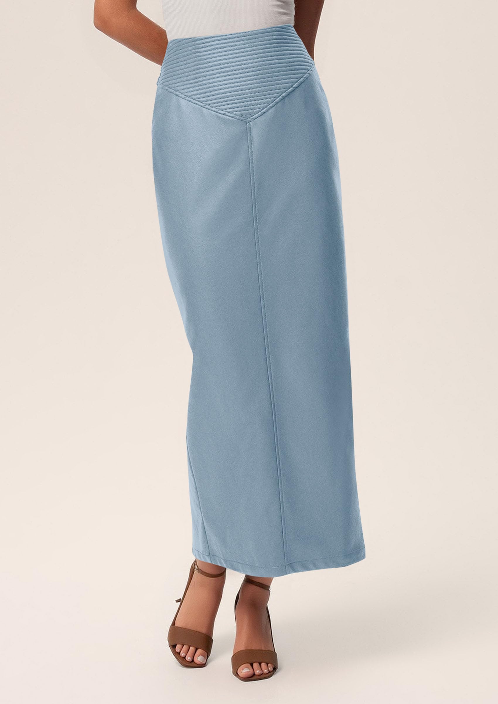 Women's Faux Leather High Waisted Maxi Skirts,Dusty Blue,XS