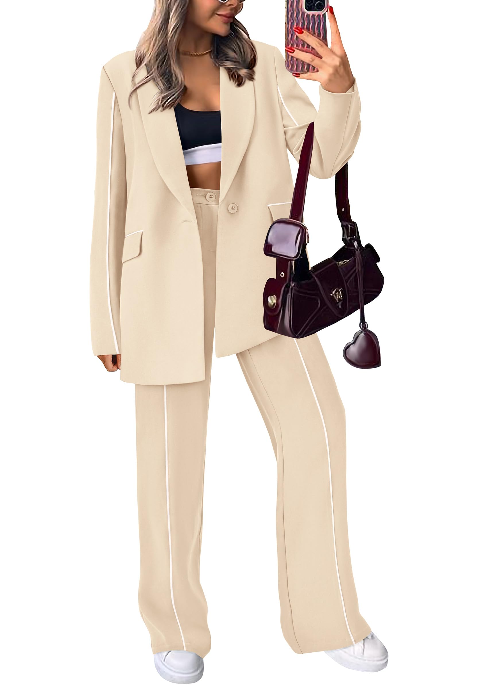 Women's 2 Piece Blazer Business Casual Outfits(Beige,S)