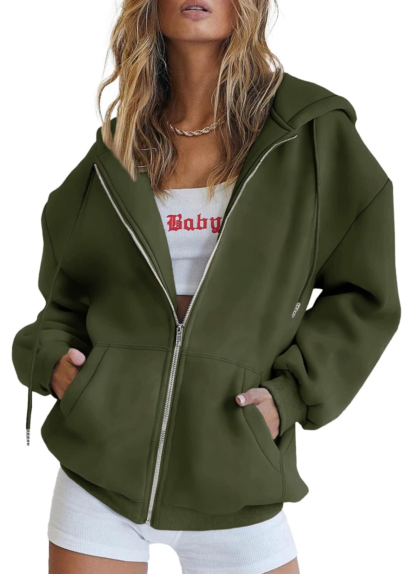 Women's Fall Zip Up Hoodies Sweatshirts Army Green