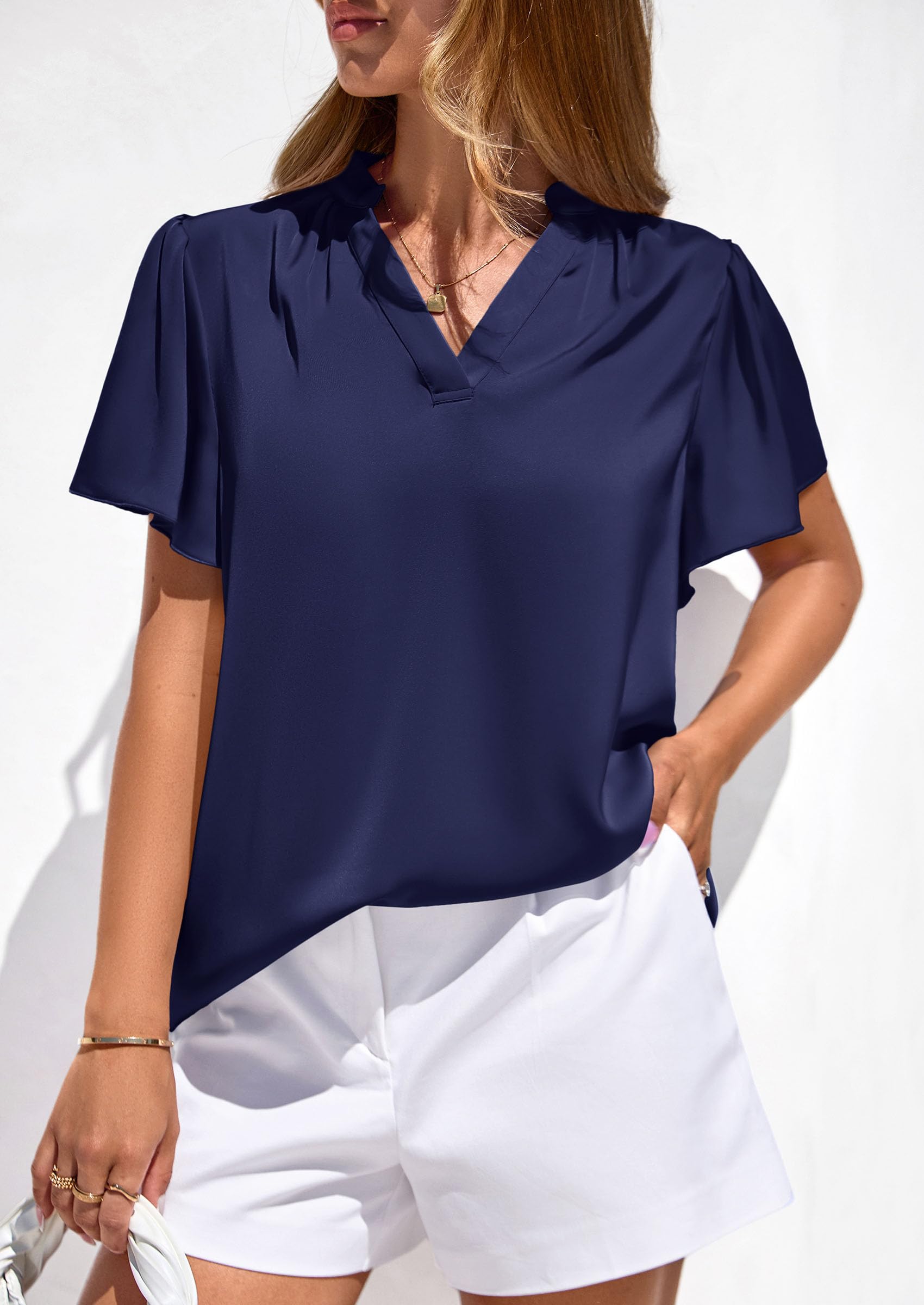 Women's Summer Satin Dressy Casual Blouses (Royal Blue,S)