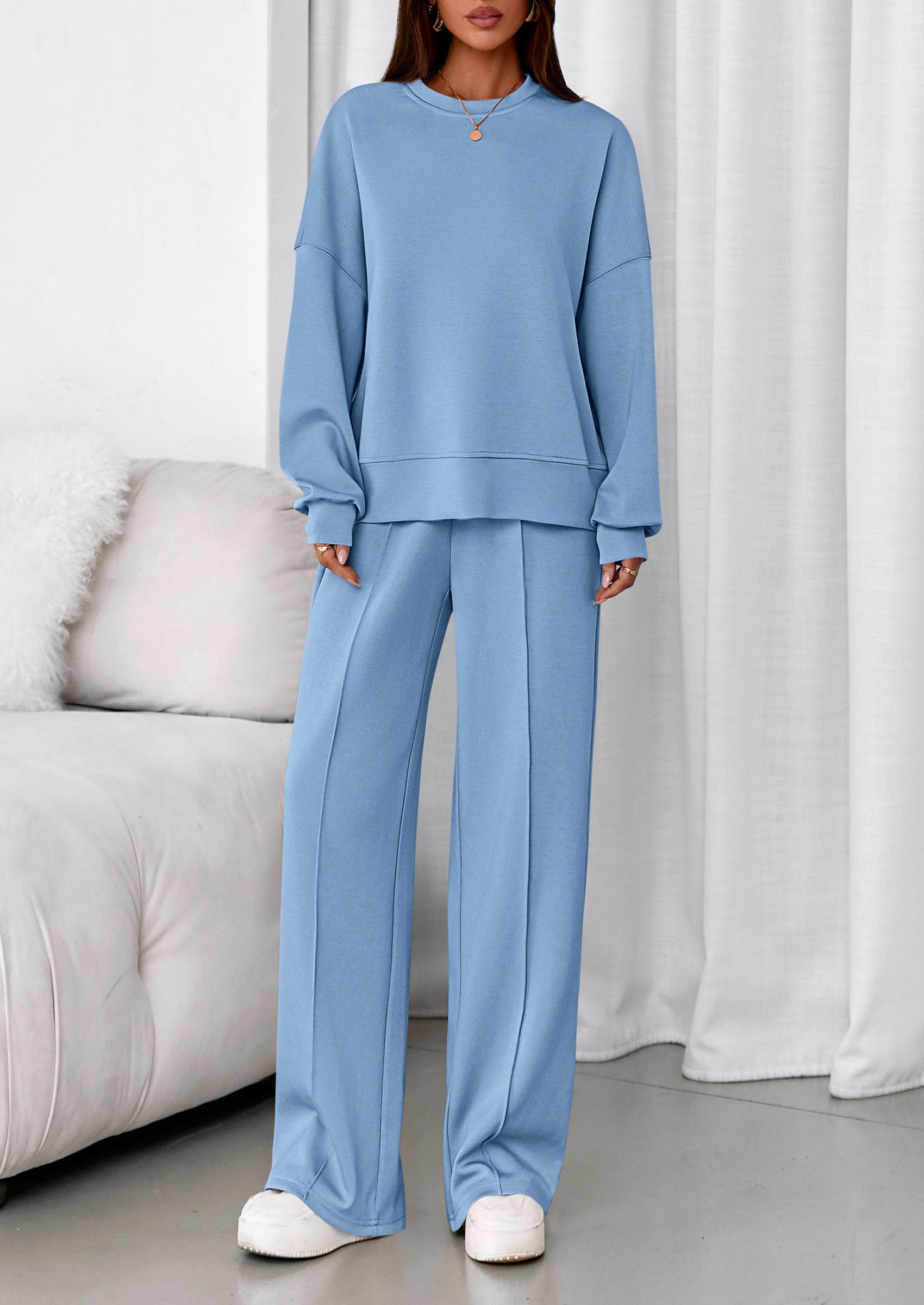 Womens Long Sleeve Sweatshirt 2 Piece Sets,Light Blue,S