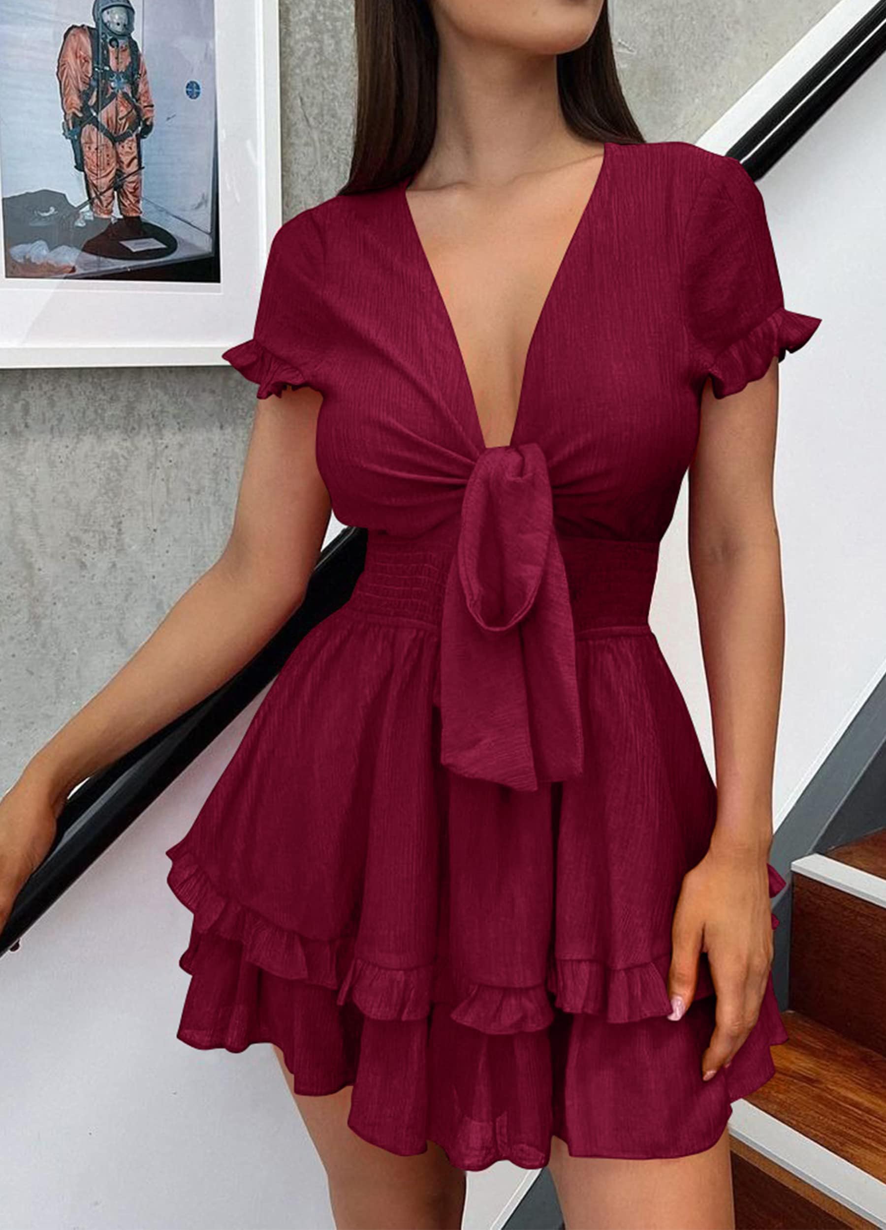 Women's Boho Floral Mini Tiered Bow Dress, Wine Red,M