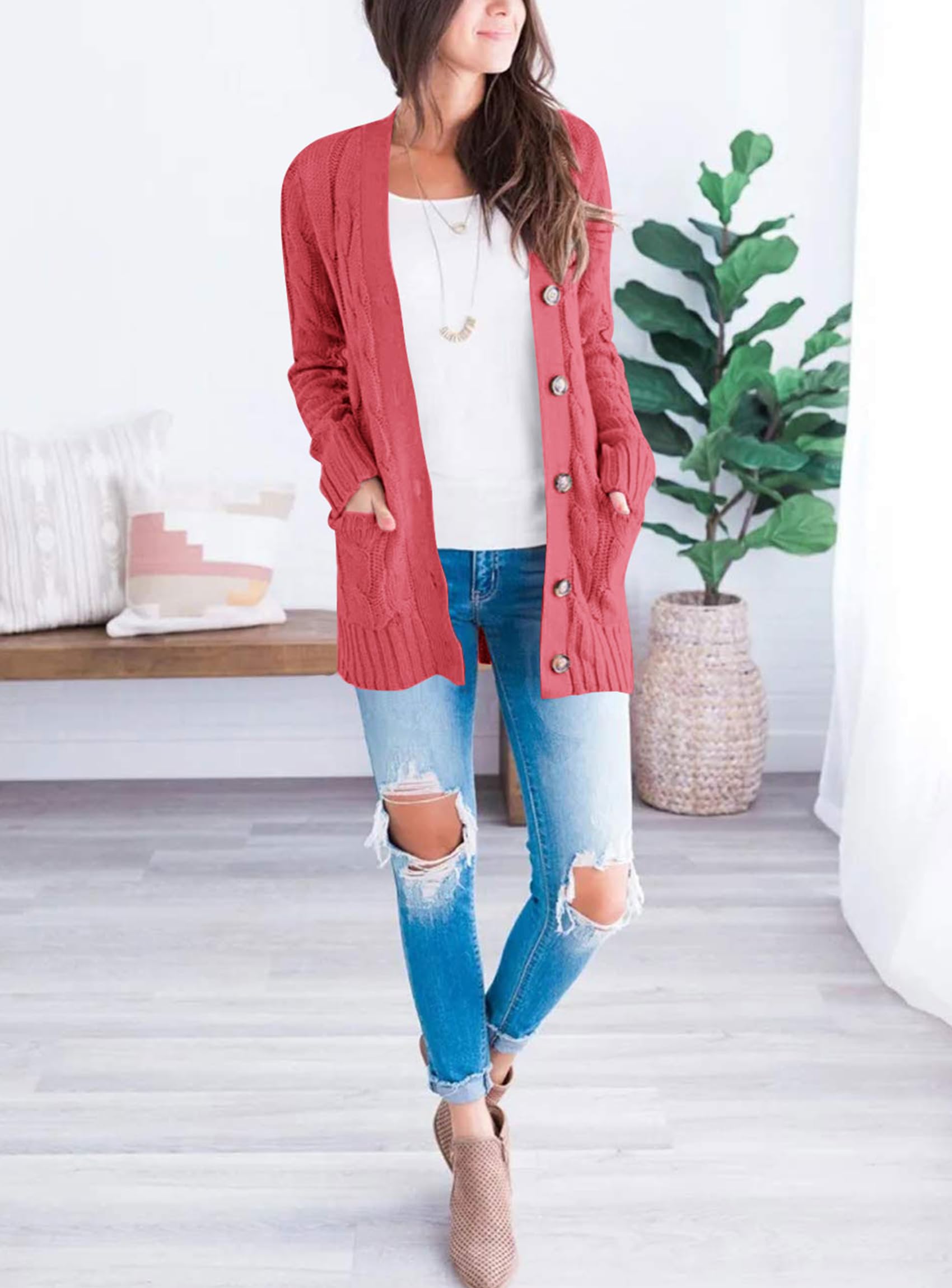 Women Chunky Cable Knit Cardigan Sweaters Fall Fashion Clothes