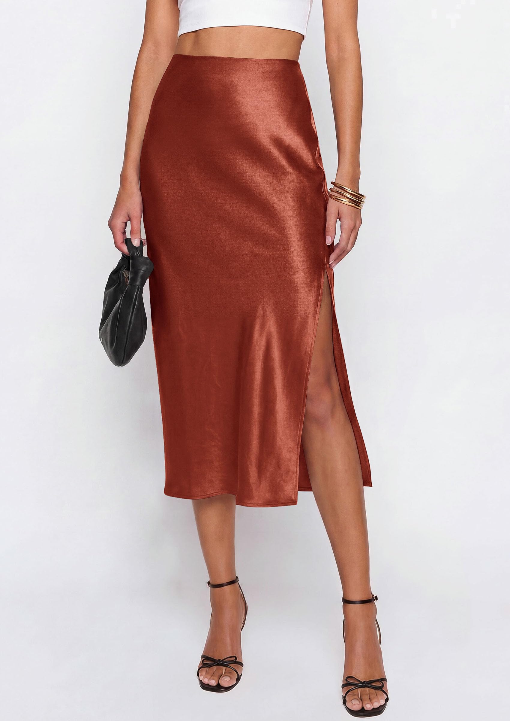 Womens Satin Skirt Silk Slip Midi Work Skirts, Brown, S