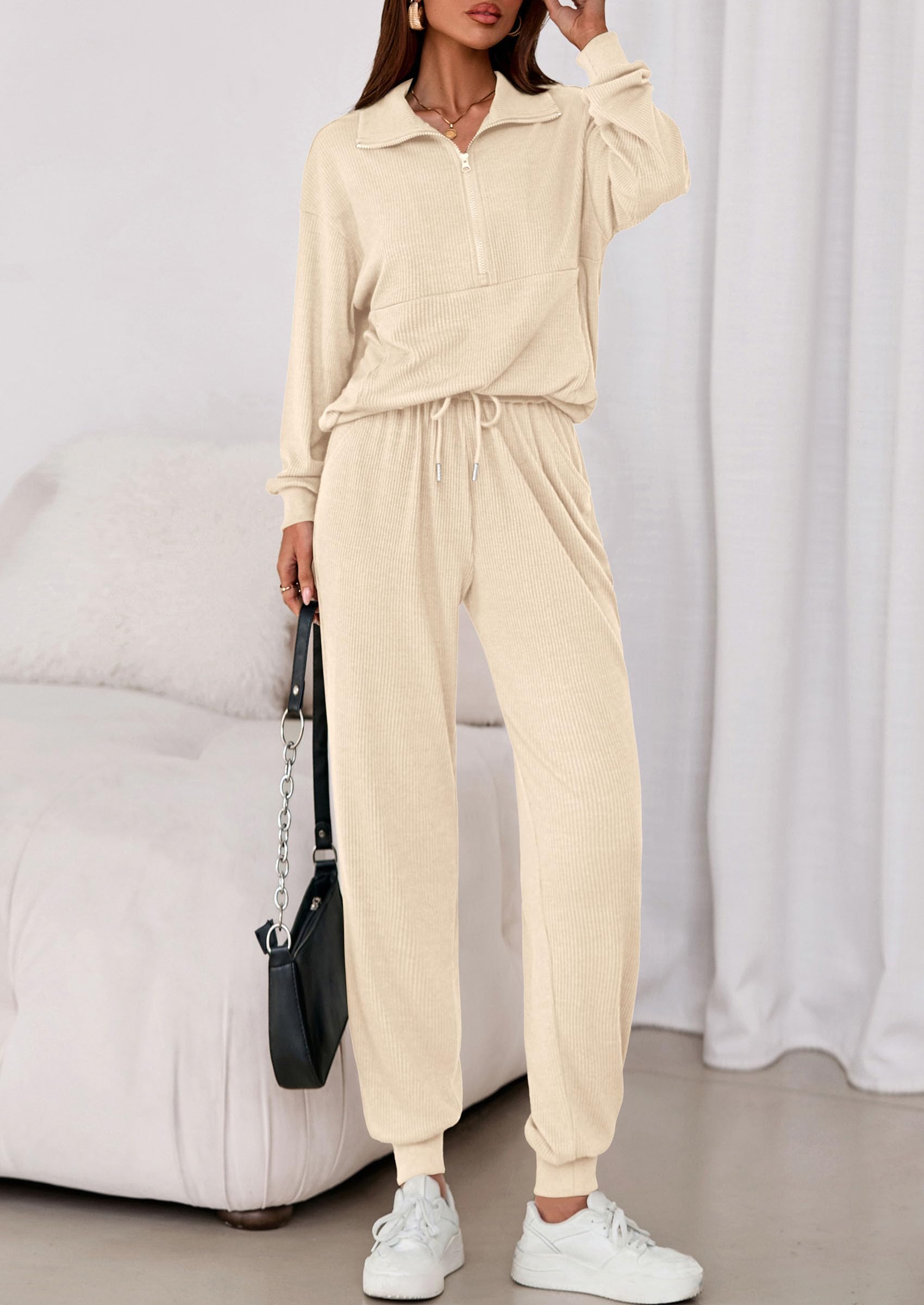 Airport Travel Outfit Women Ribbed Knit Matching Lounge Sets
