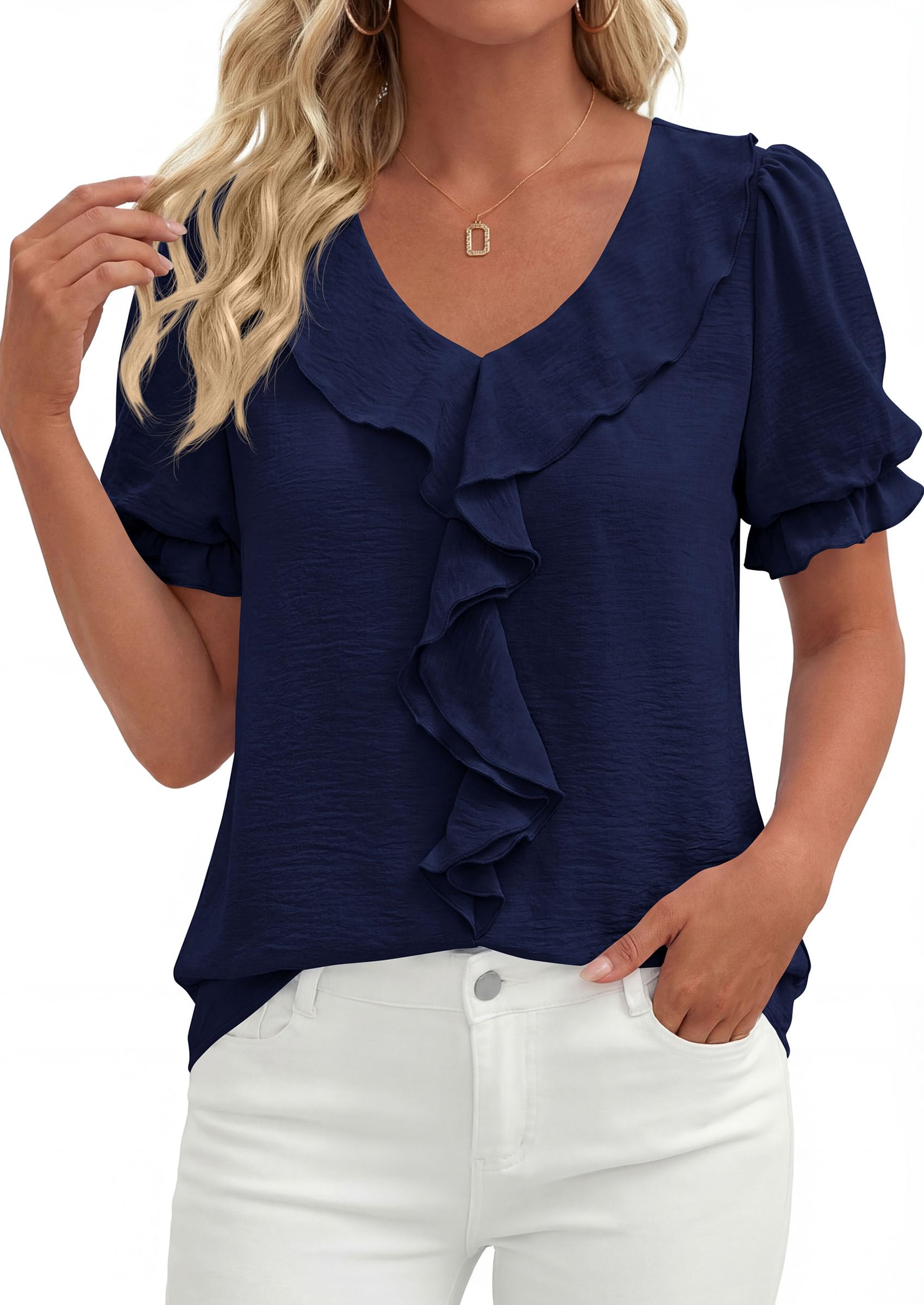 Women's Summer Ruffle Dressy Casual Blouses (Navy Blue,S)