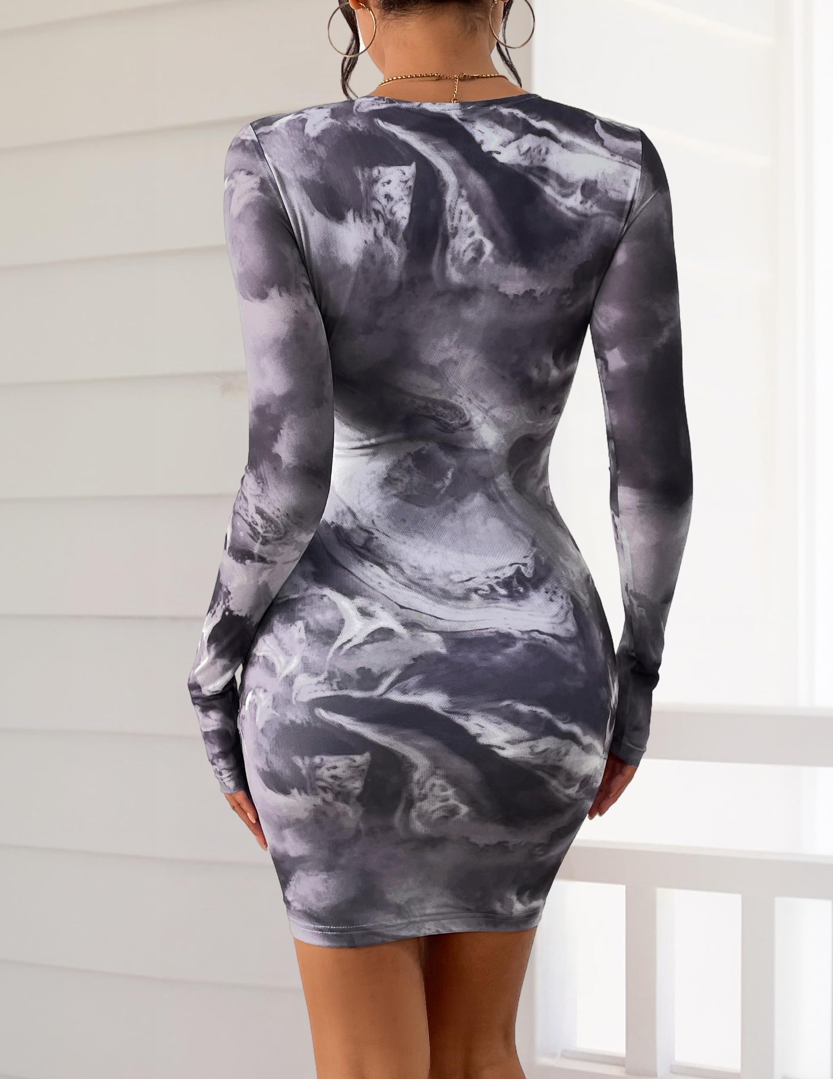 Mesh Mini Dresses for Women Long Sleeve Gray Floral,XS
