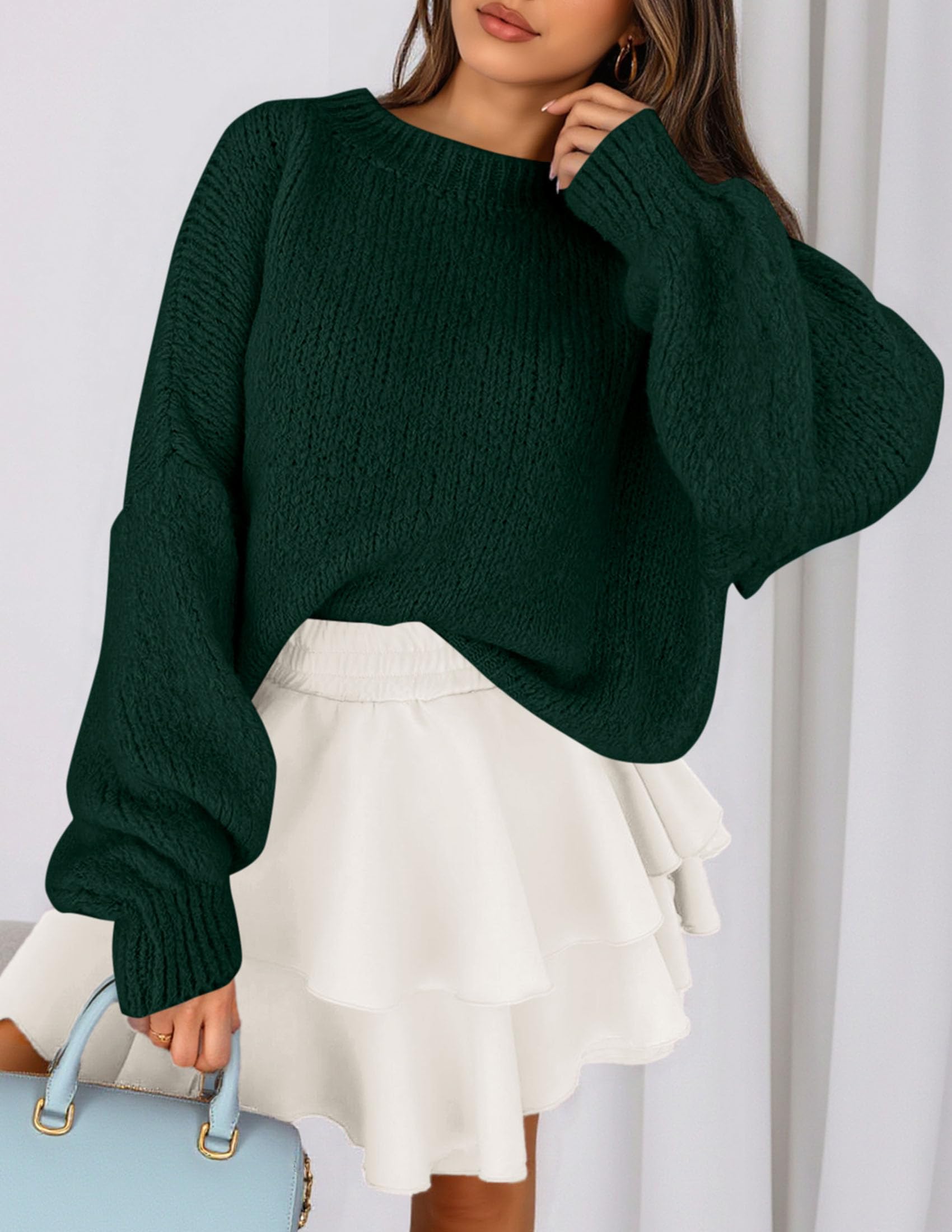 Women's Chunky Knit Oversized Pullover Sweaters,Dark Green,S