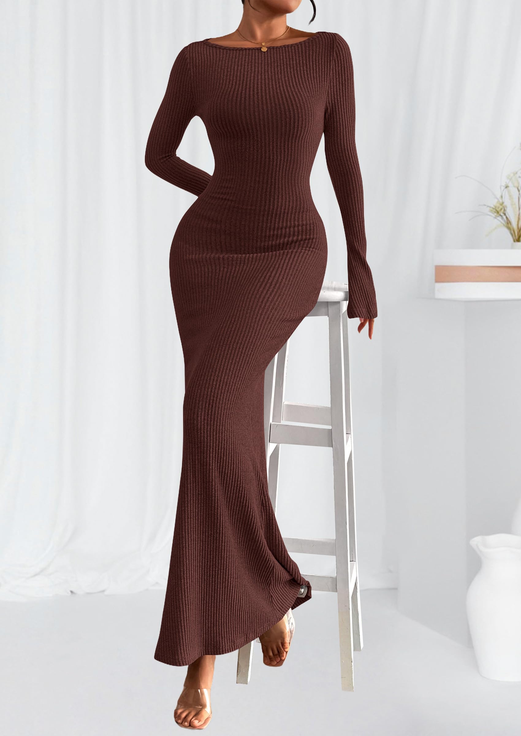 Women's Fall Long Sleeve Bodycon Maxi Dresses (Coffee,XS)