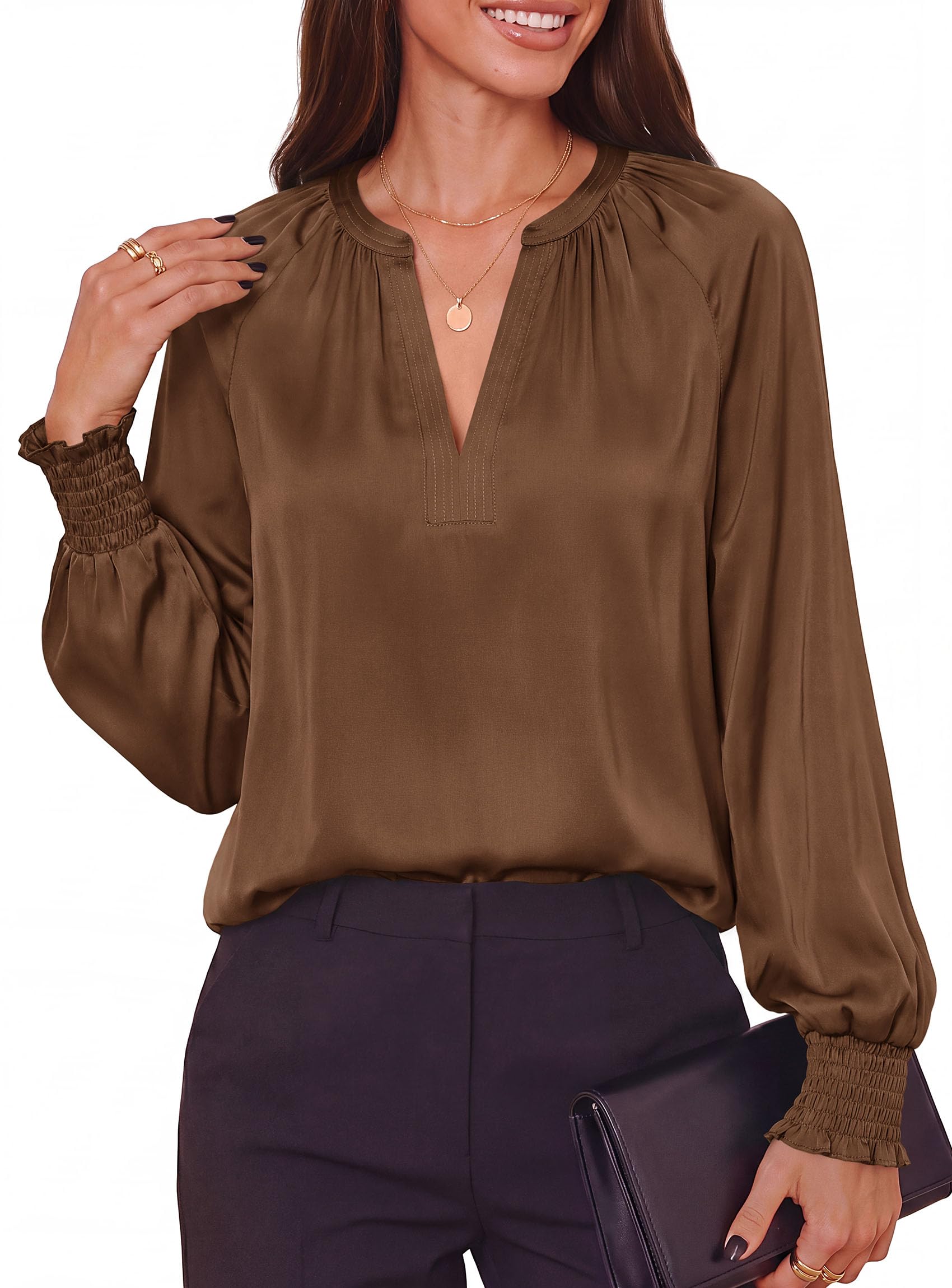Women's Satin Blouses V Neck Long Sleeve Tops,Brown,S