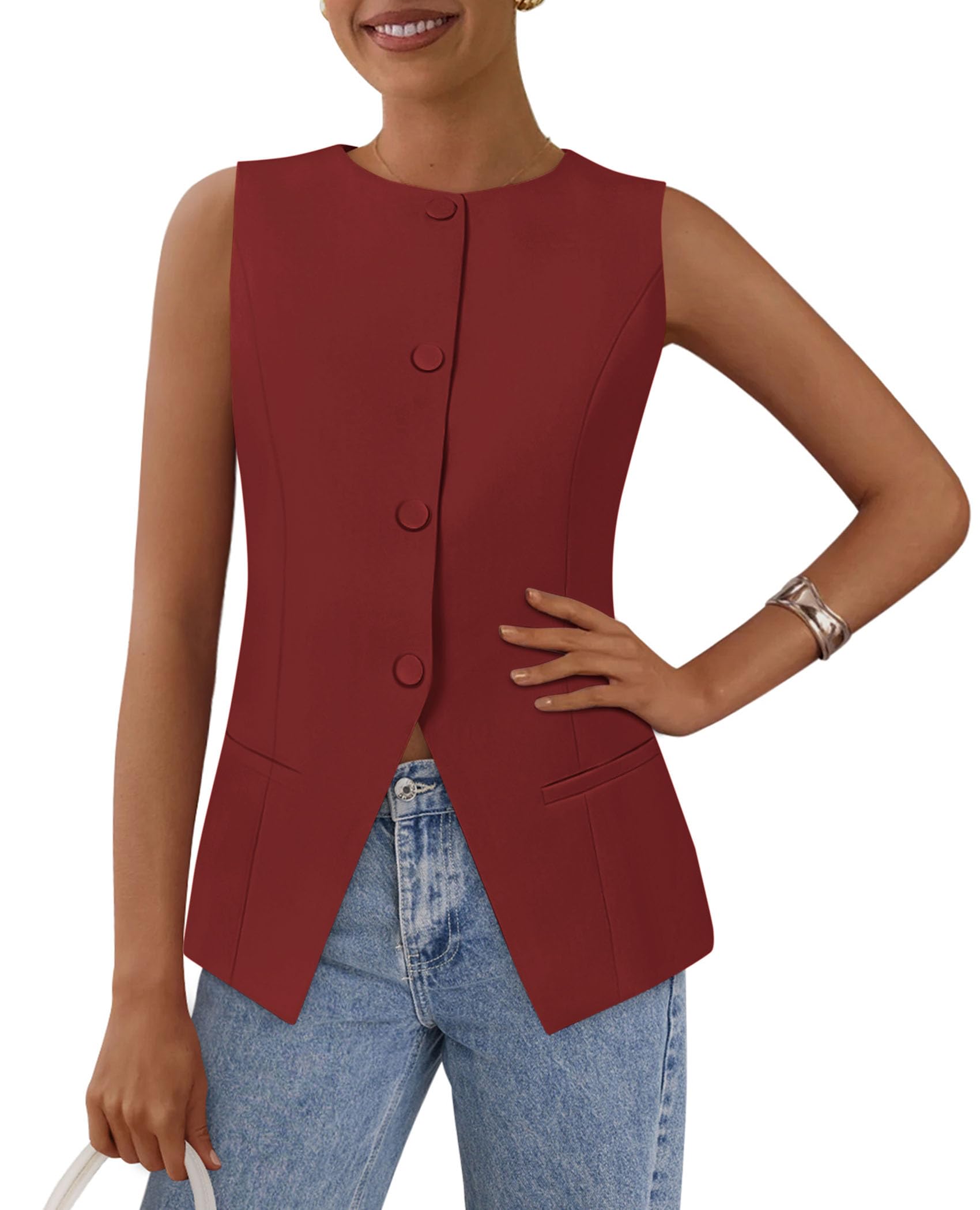 Women Tailored Suit Vest Business Casual Tops, Orange Red,S