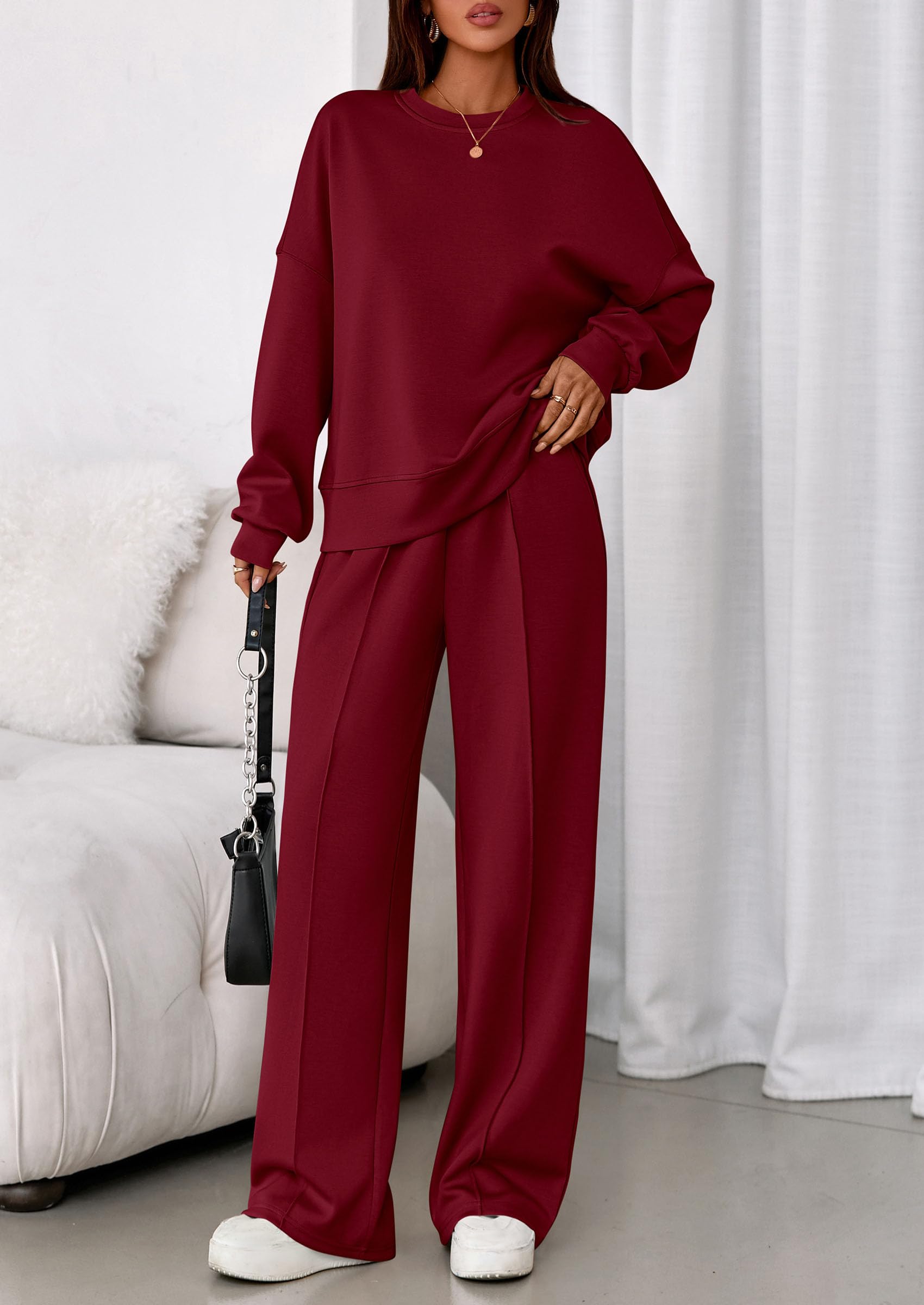 Womens Long Sleeve Sweatshirt 2 Piece Sets,Wine Red,S