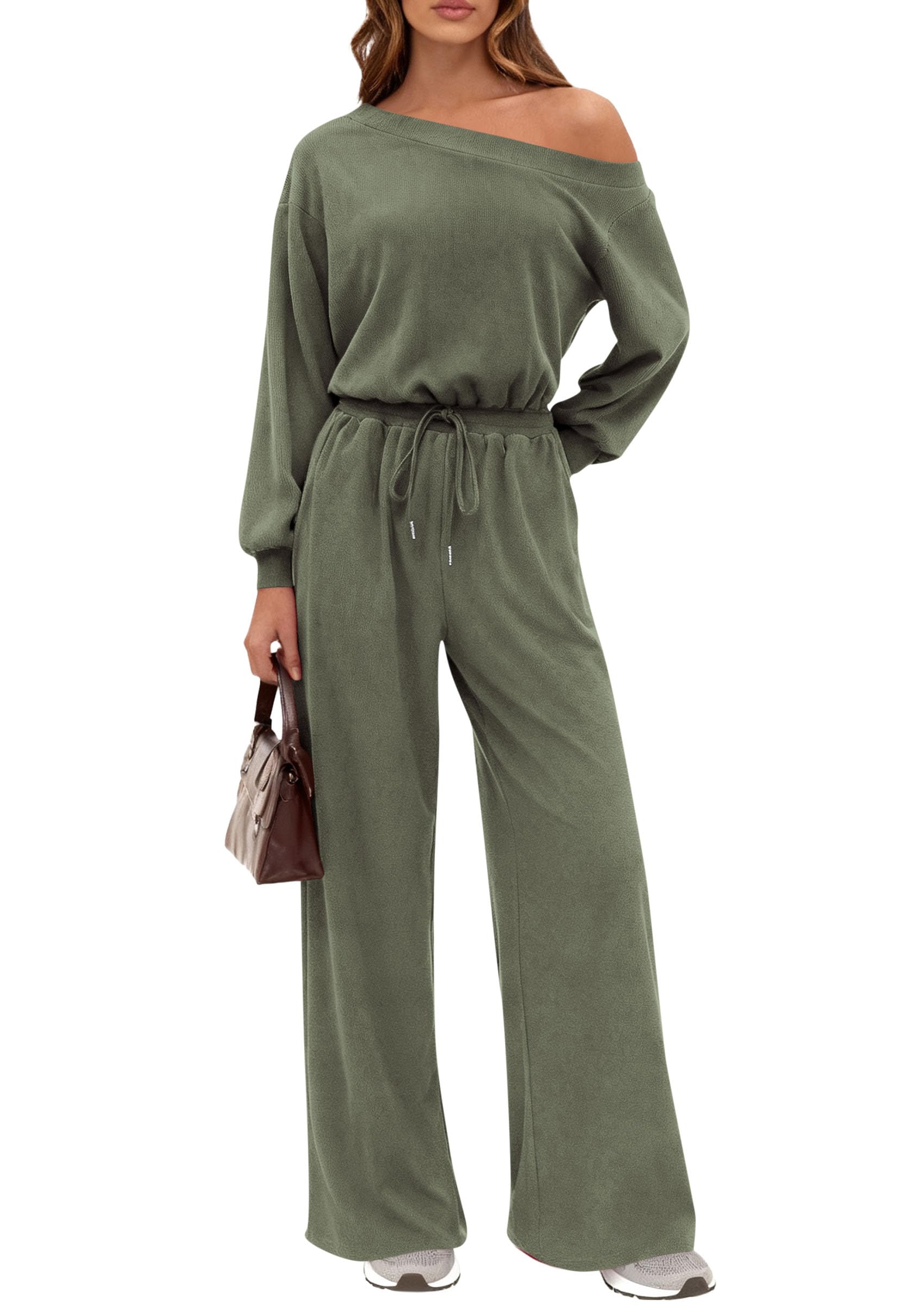 Womens Off Shoulder Long Sleeve Jumpsuit,Bean Green,S