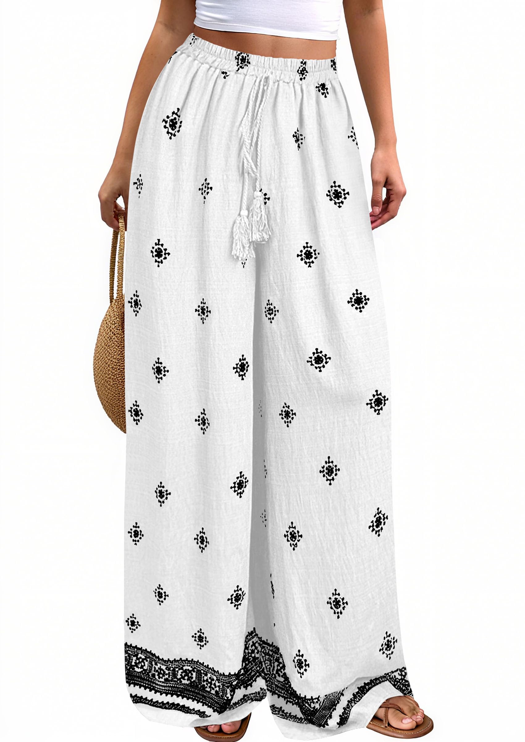 Wide Leg Flowy Boho Pants for Women, White Black,S