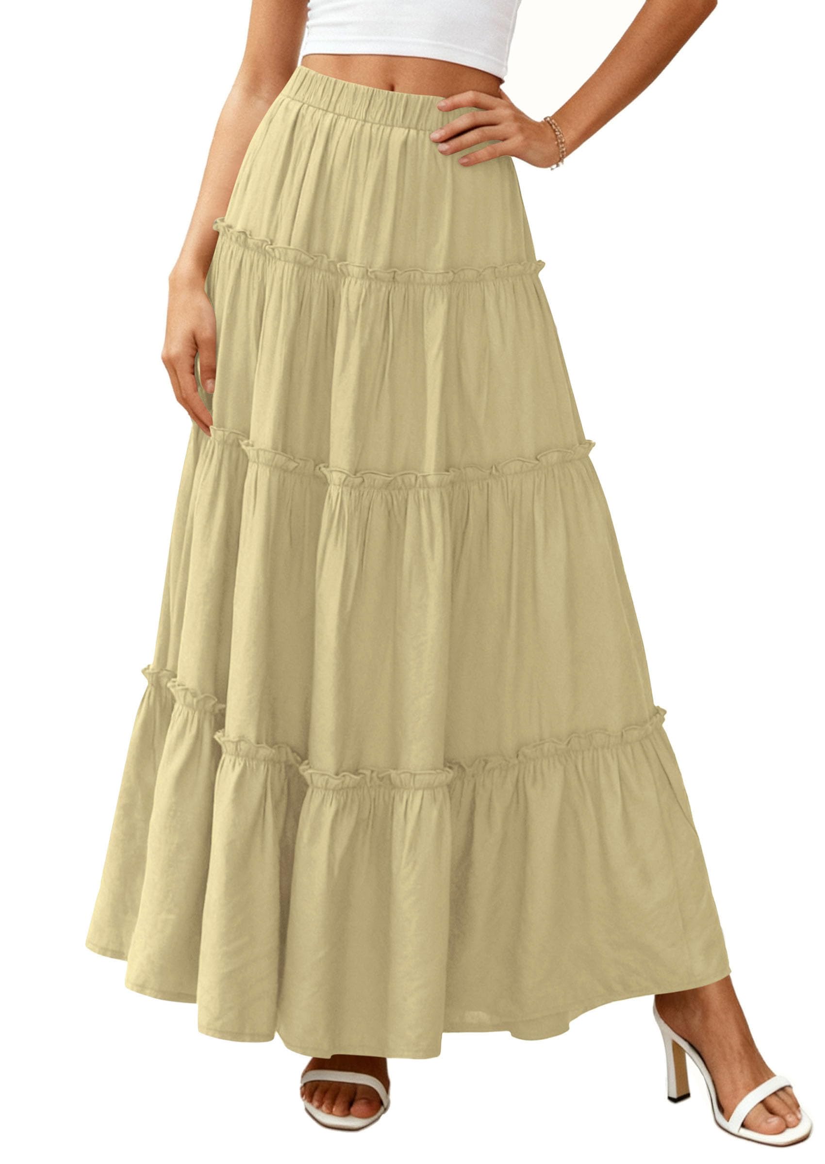Women's Boho Tiered Ruffle Flowy Maxi Skirt, Yellow,S